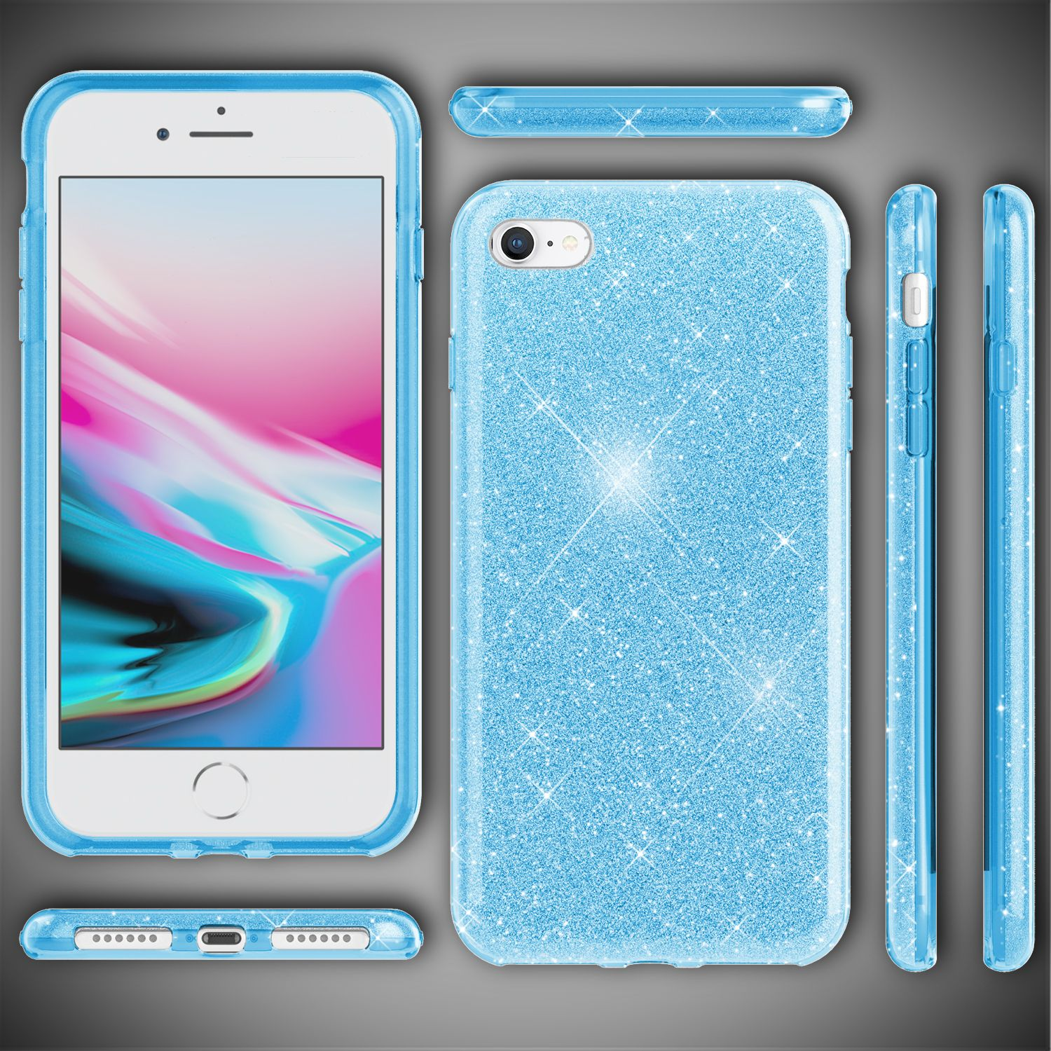 Custodia blu glitterata con più viste.