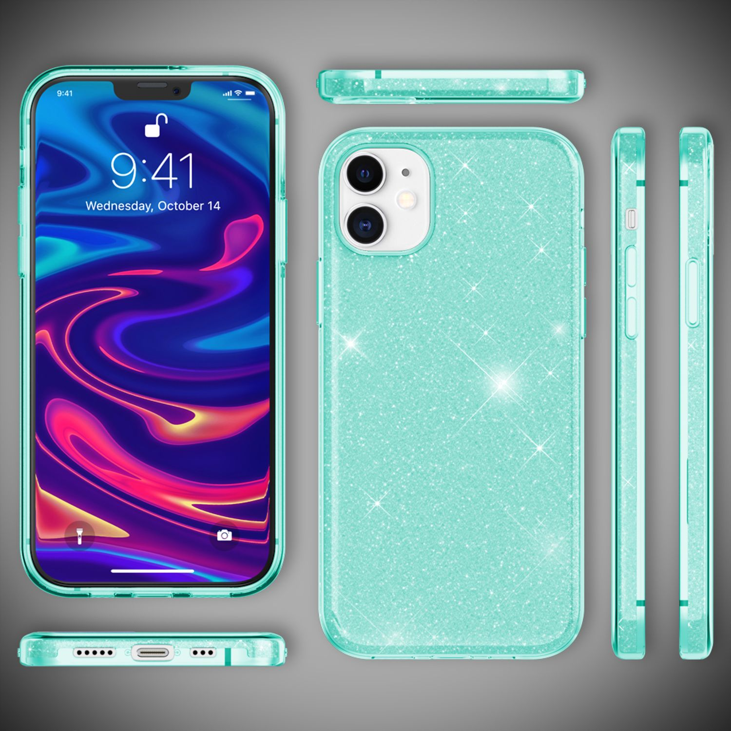 Minzgrüne Handyhülle mit Glitzerdesign.