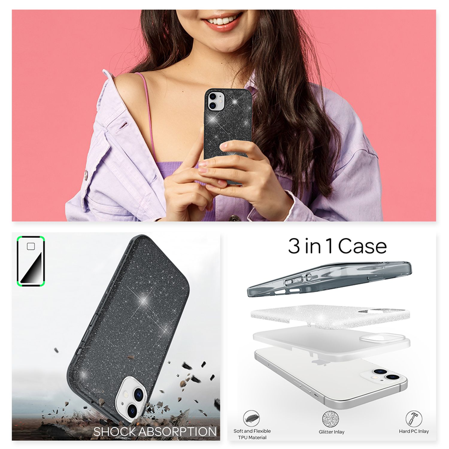 Mujer sosteniendo un teléfono con funda de purpurina.