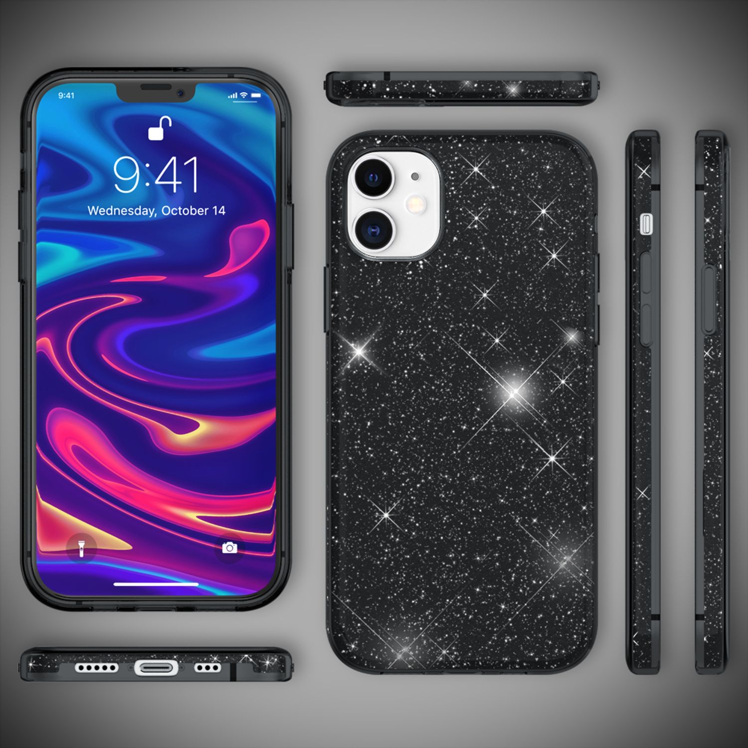 Eine schwarze Handyhülle mit Glitzer und ein Handy-Bildschirm mit Benutzeroberfläche werden gezeigt.