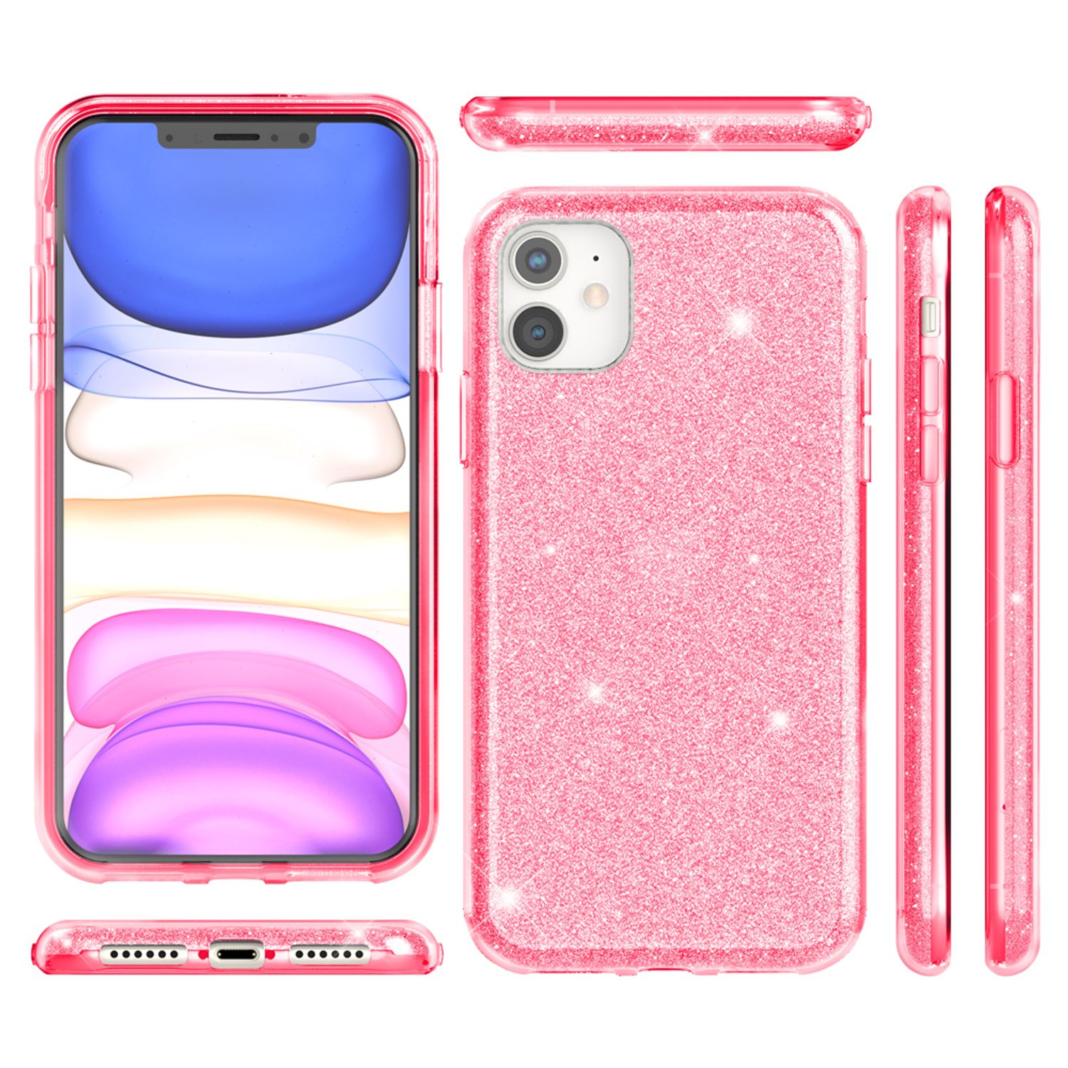 Una funda de teléfono rosa con purpurina y un teléfono se muestran desde múltiples ángulos, mostrando la pantalla.