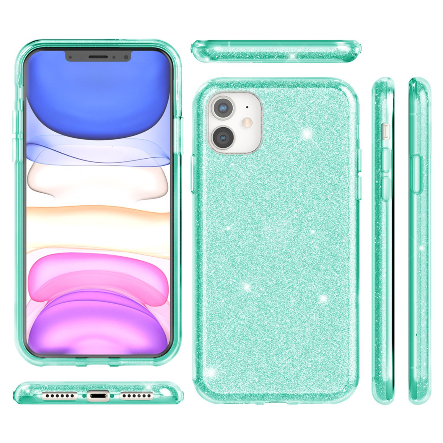 Funda de teléfono con purpurina verde menta, con varias vistas del teléfono y la funda.