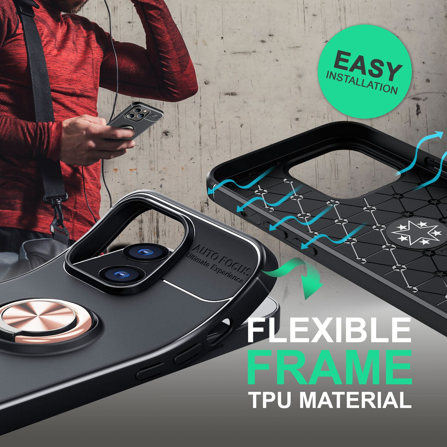 Persona sosteniendo un teléfono con funda, se resaltan las características de la funda.