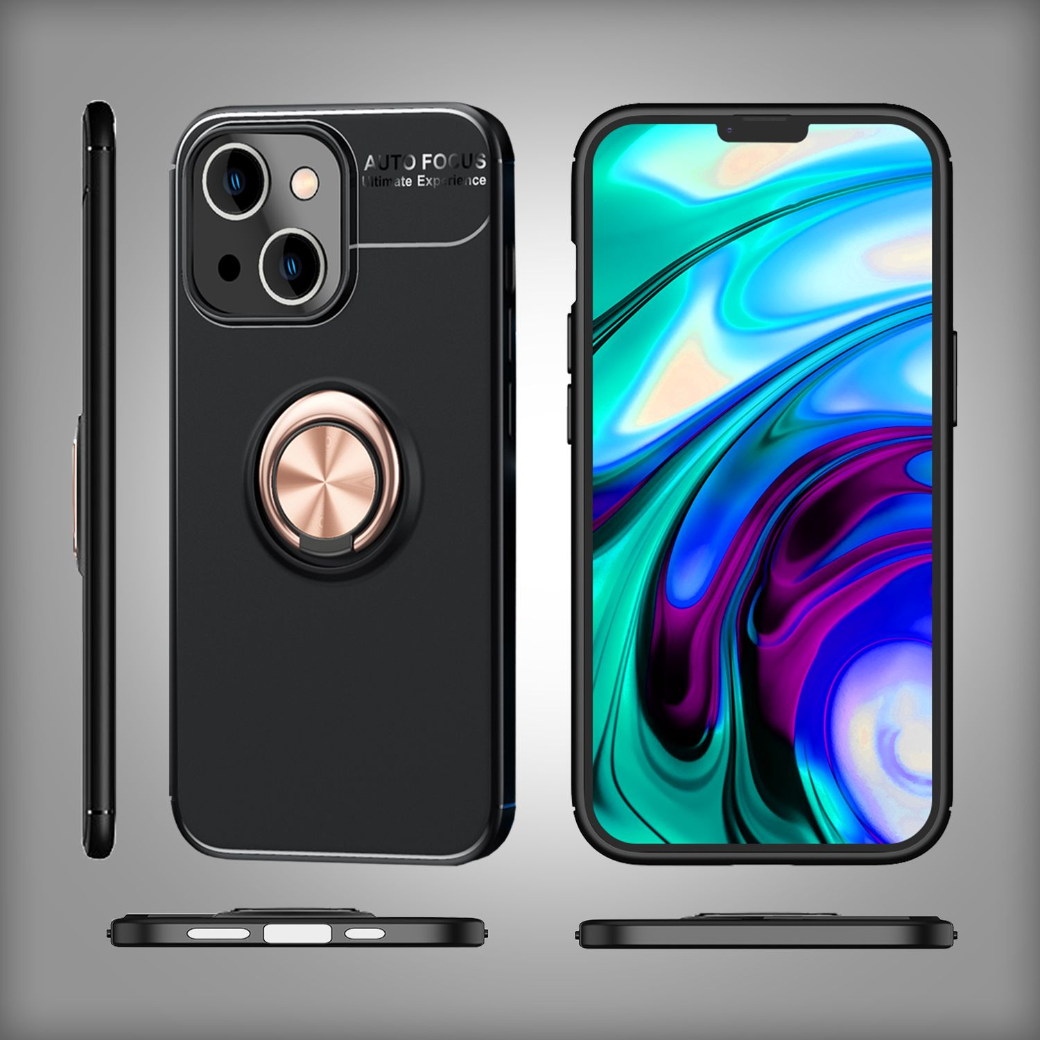Funda negra para teléfono con soporte de anillo, con múltiples vistas del teléfono y la funda.