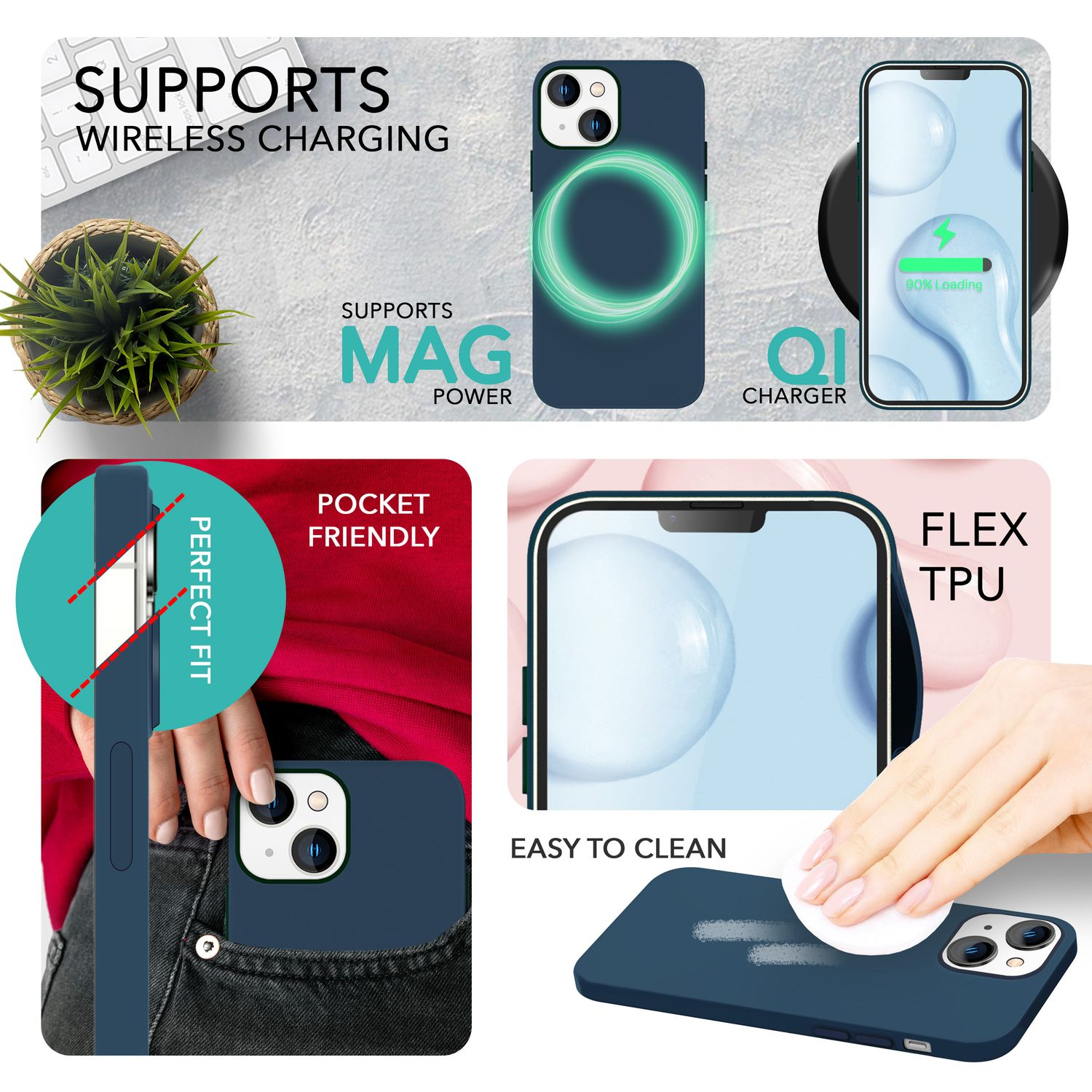 Eine Handyhülle mit Telefon, die kabellose Ladeunterstützung, Mag-Power und Ladegerätdetails zeigt.