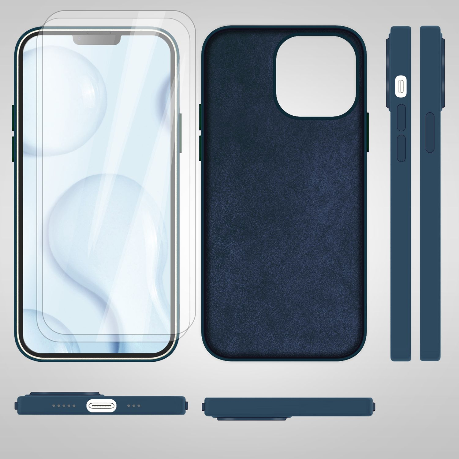 Eine dunkelblaue Handyhülle, eine Displayschutzfolie und ein Telefon werden aus verschiedenen Winkeln gezeigt.
