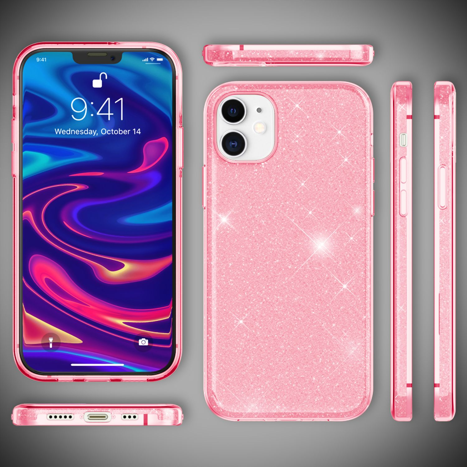 Rosa Handyhülle mit Glitzer, Handy-Bildschirm zeigt Datum und Uhrzeit.