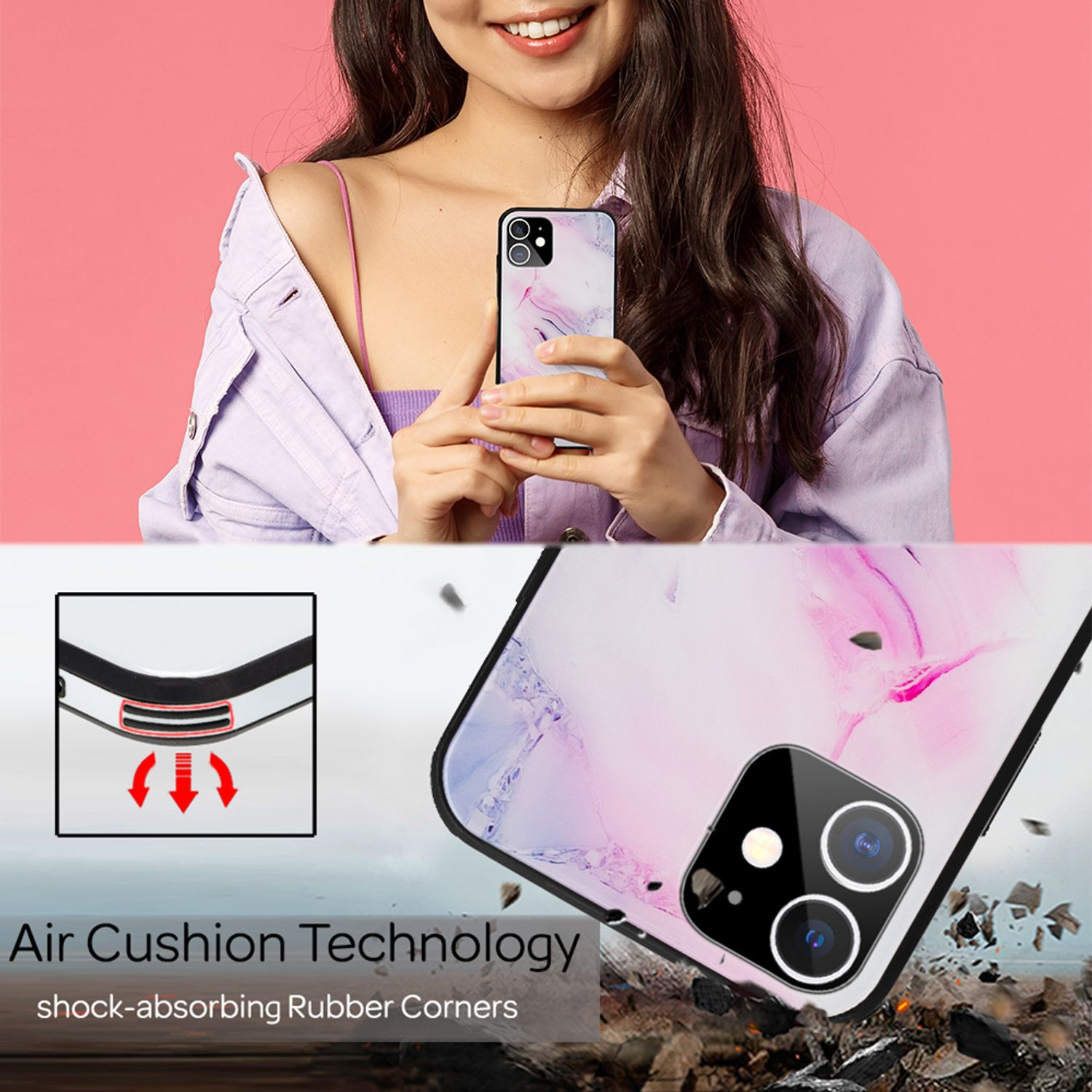 Eine Frau hält ein Telefon mit einer Hülle mit Marmormuster. Der Text hebt 'Air Cushion Technology' und 'stoßabsorbierende Gummiecken' hervor.
