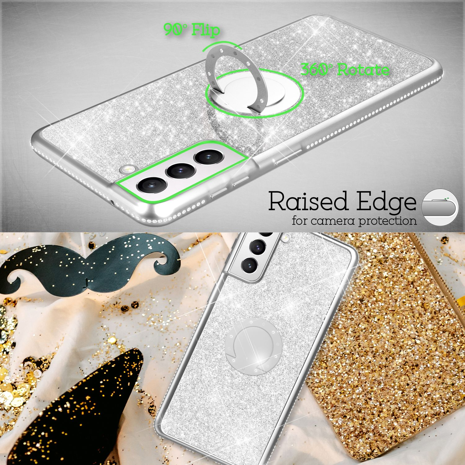 Eine Handyhülle mit Ringhalter wird mit den Funktionen: 90° Flip und 360° Rotate gezeigt. Der Text lautet: 'Raised Edge'.