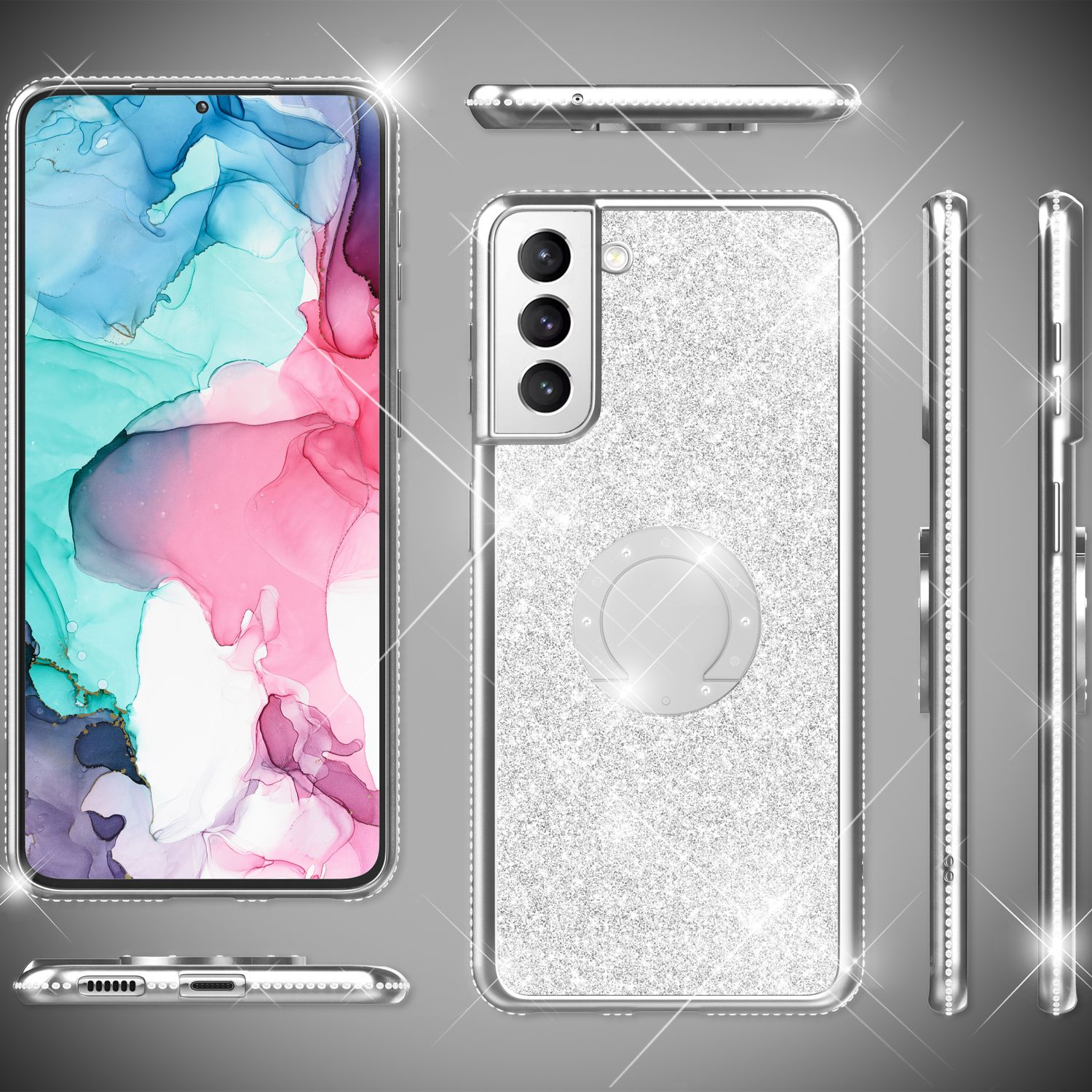 Ein Handy- und Hüllen-Set, aus verschiedenen Blickwinkeln, mit glitzerndem Silber-Finish und Ringhalter. Es hat einen Bildschirm mit abstrakten Design.