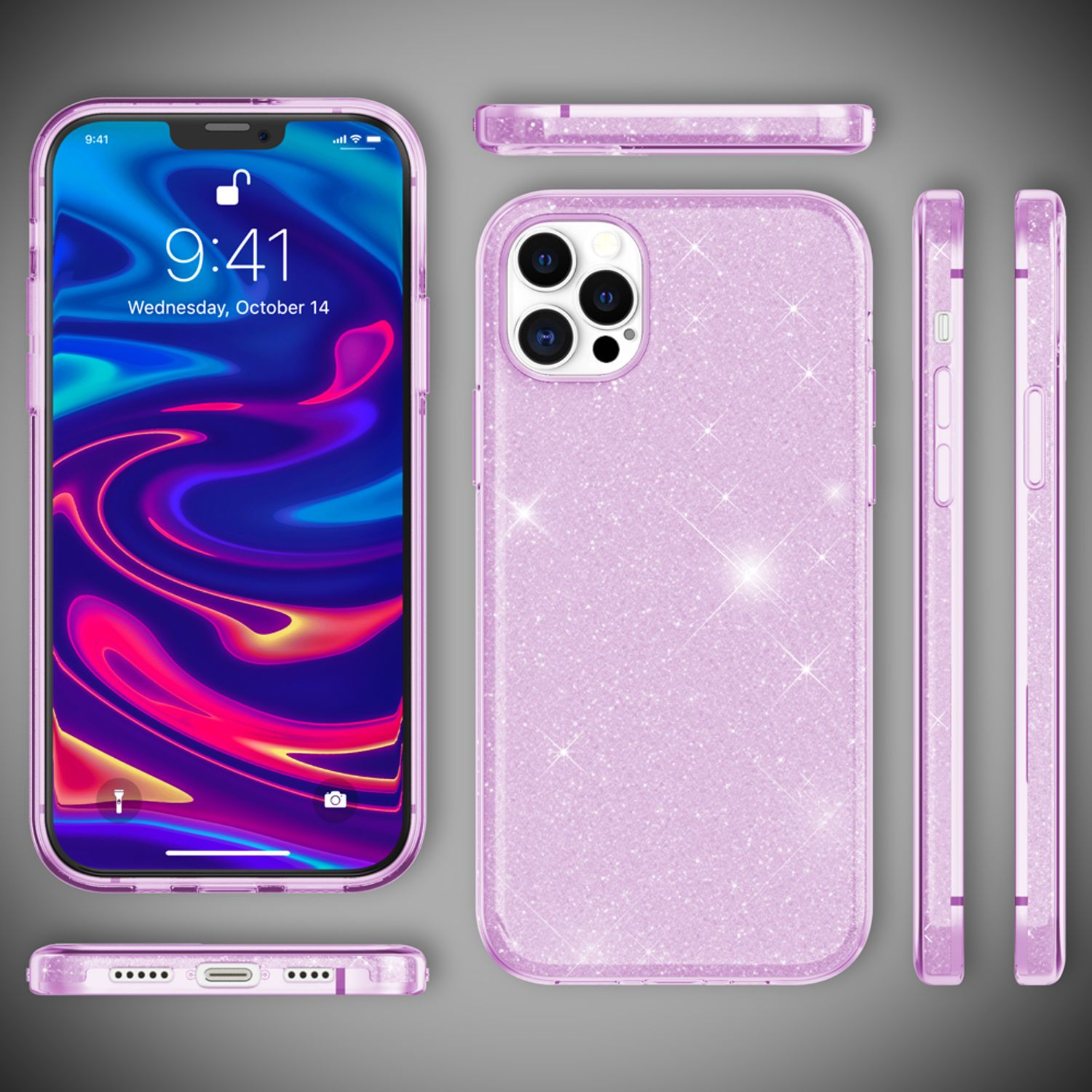 Ein Telefon in einer pinkfarbenen, glitzernden Hülle wird aus mehreren Blickwinkeln gezeigt. Der Bildschirm zeigt Zeit, Datum und ein buntes abstraktes Design.