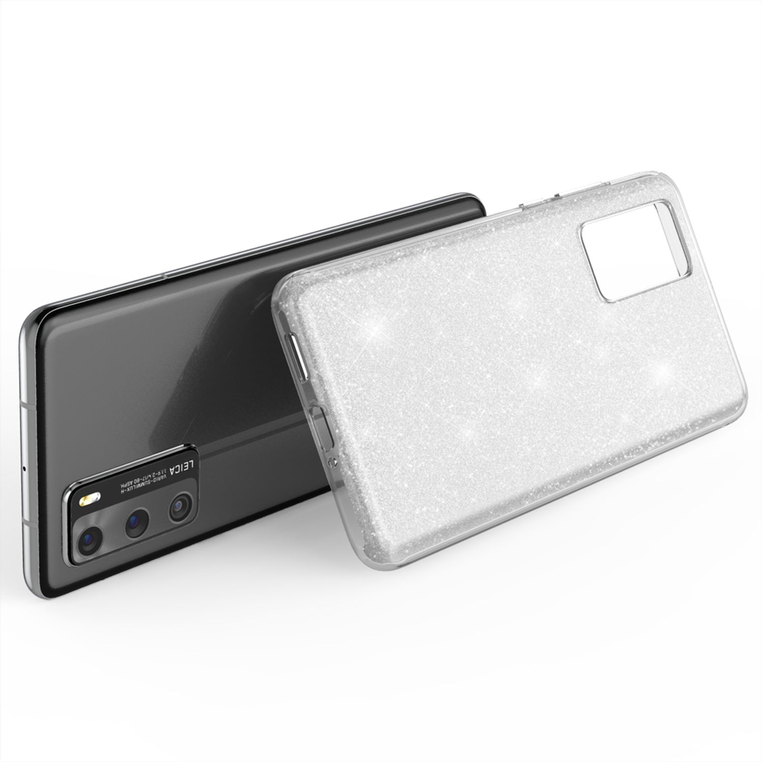 Silberne Glitzer-Handyhülle. Das Telefon liegt auf einer Oberfläche, und die Rückseite ist sichtbar.