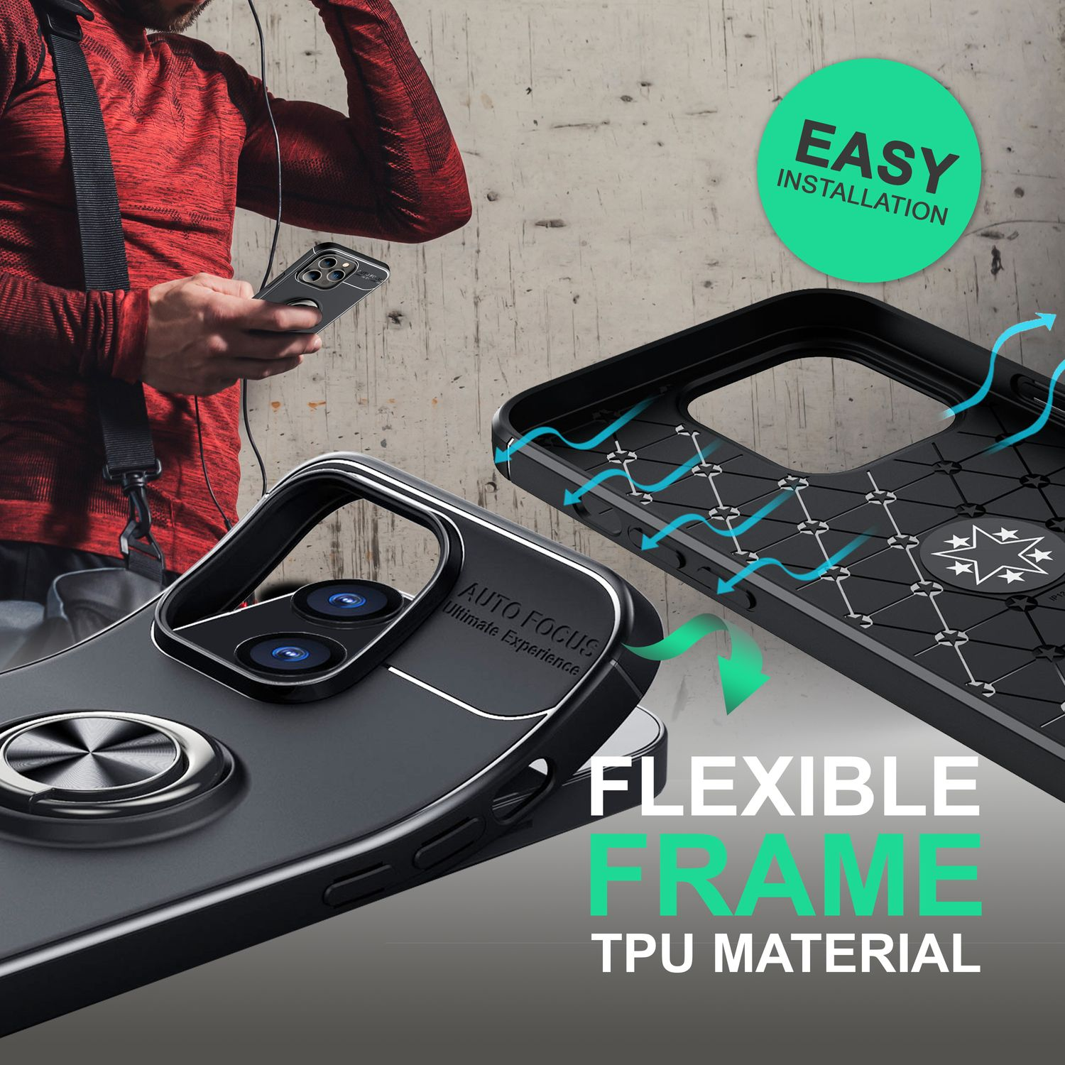 Una persona sostiene un teléfono en una funda negra con un soporte de anillo, mostrando una fácil instalación. El texto dice 'Flexible Frame'.