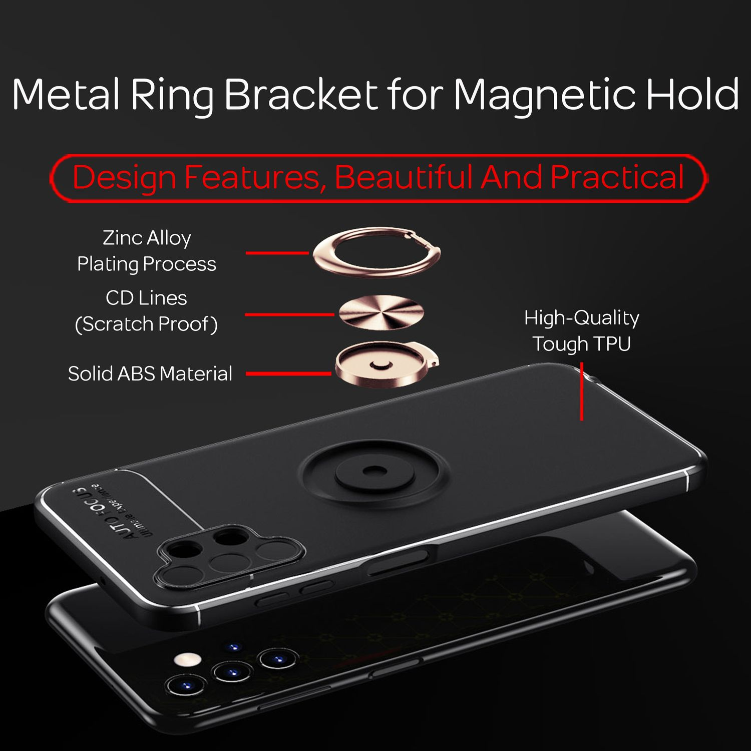 Schwarze Handyhülle mit Ringhalterung. Text: Metallringhalterung für magnetischen Halt.