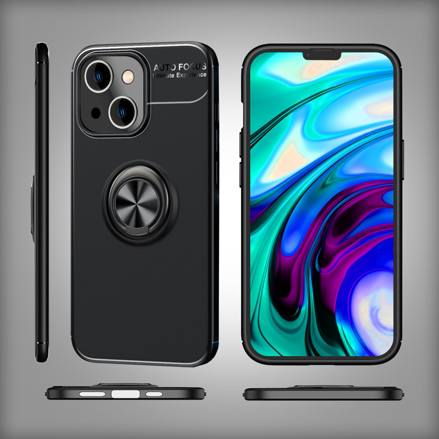 Funda de teléfono negra con soporte de anillo. La funda tiene una protuberancia para la cámara y el soporte del anillo.