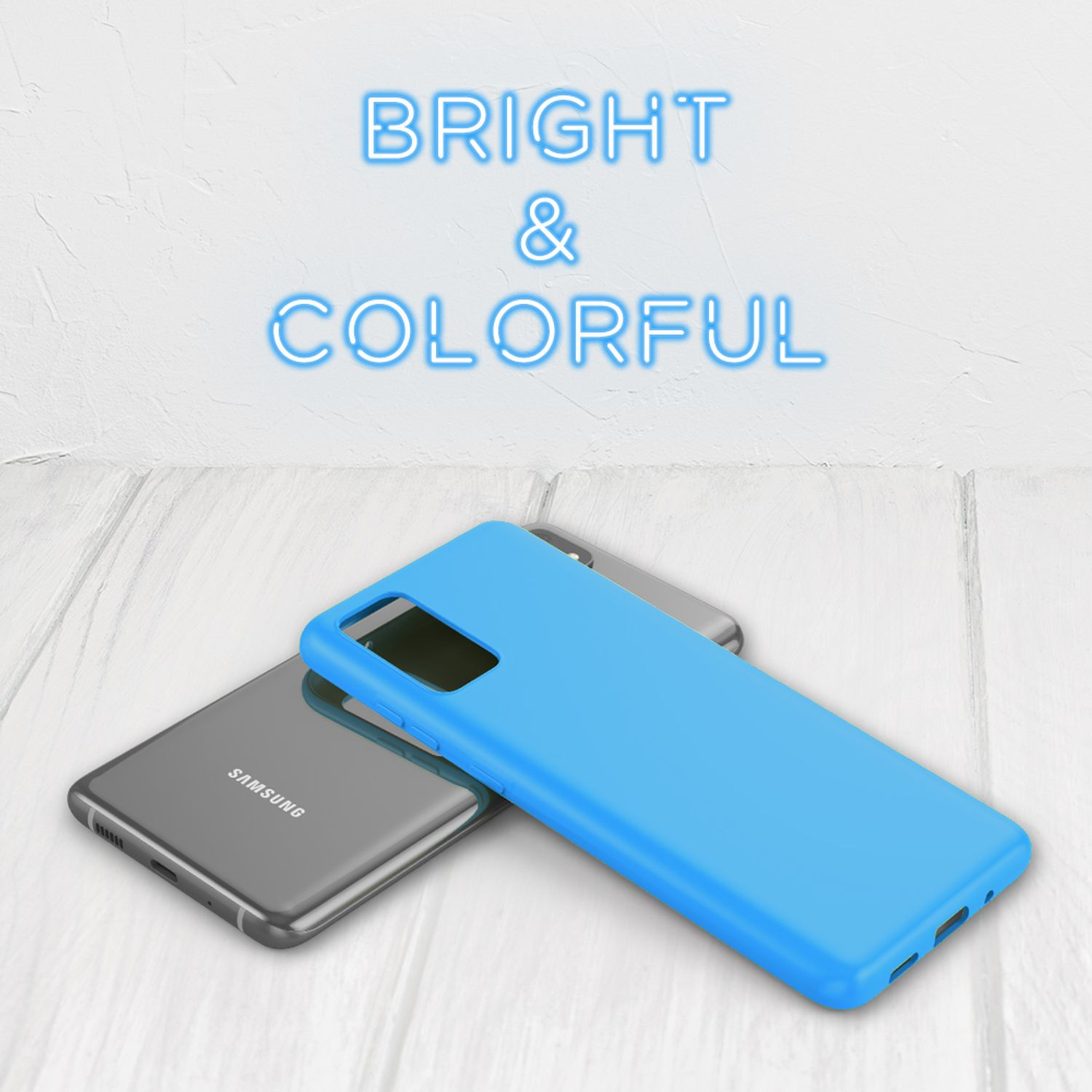 Eine blaue Handyhülle liegt auf einer Holzoberfläche neben einem grauen Handy. Der Text oben lautet 'BRIGHT & COLORFUL'.