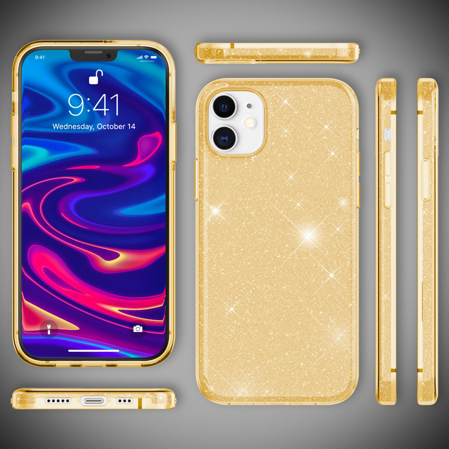 Eine goldene Handyhülle mit Glitzer. Die Handyhülle wird aus mehreren Winkeln mit einem Telefon in der Hülle gezeigt.