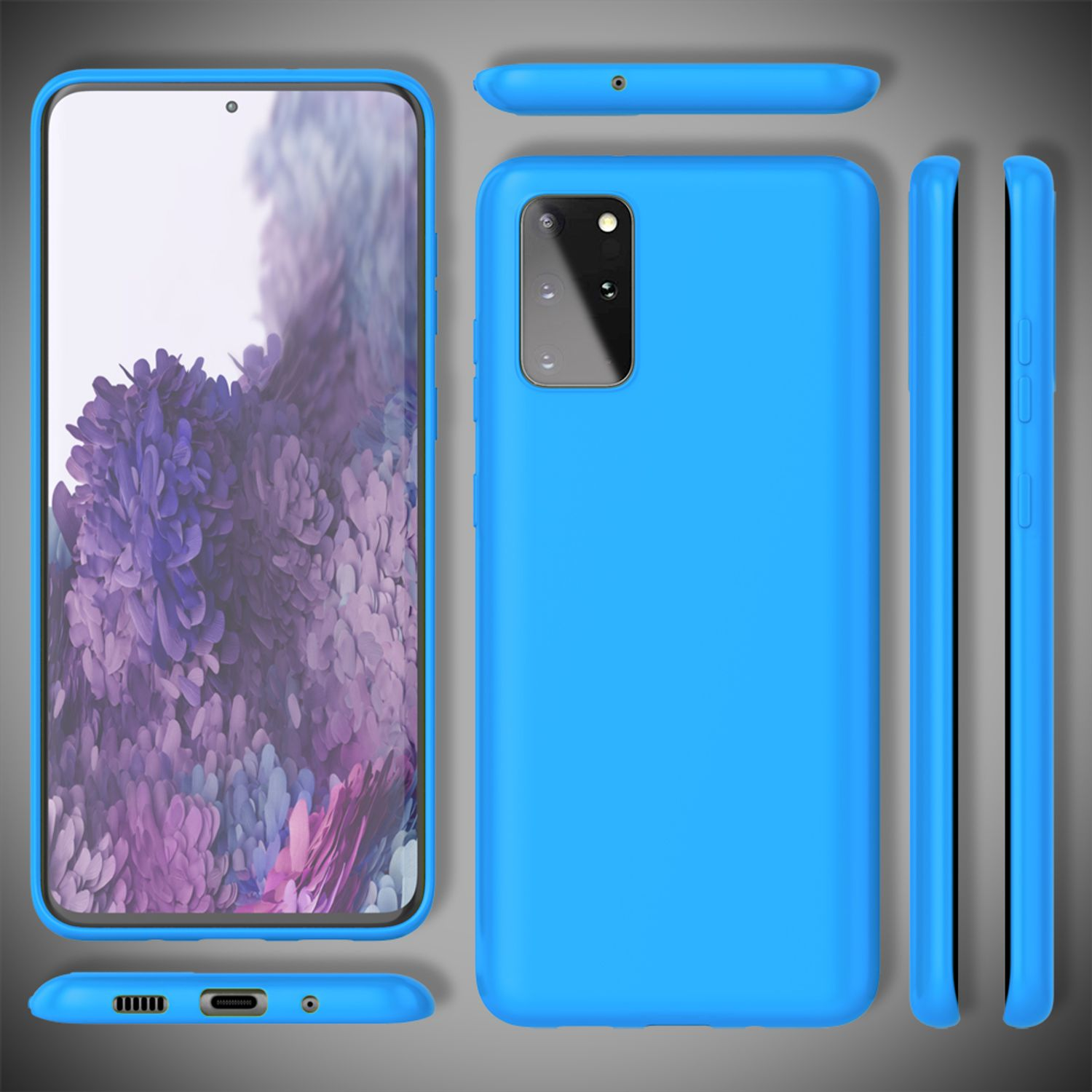 Eine blaue Handyhülle. Die Handyhülle wird aus mehreren Blickwinkeln mit einem Telefon in der Hülle gezeigt.