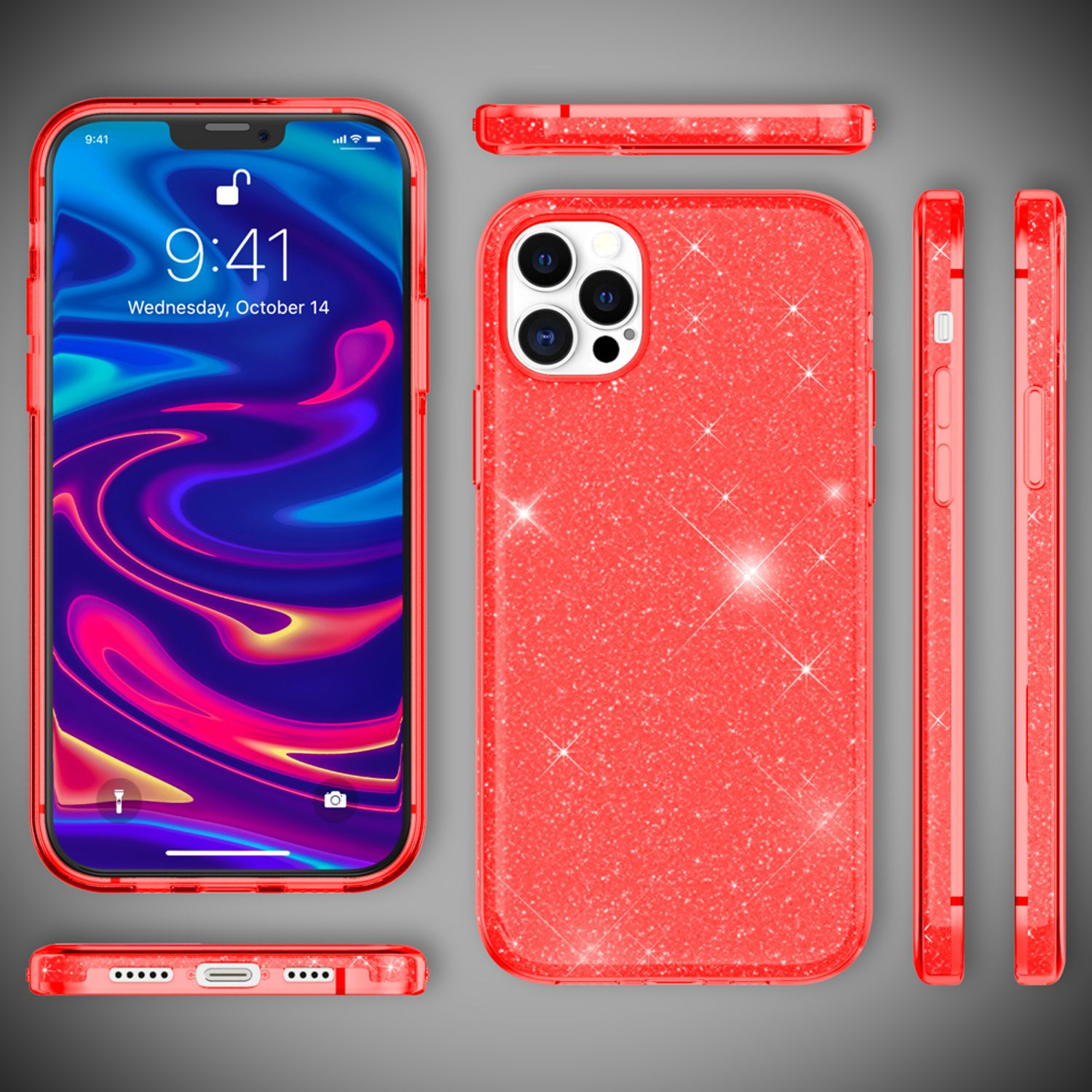 Eine rote Glitzer-Handyhülle. Die Handyhülle wird aus mehreren Winkeln mit einem Telefon in der Hülle gezeigt.