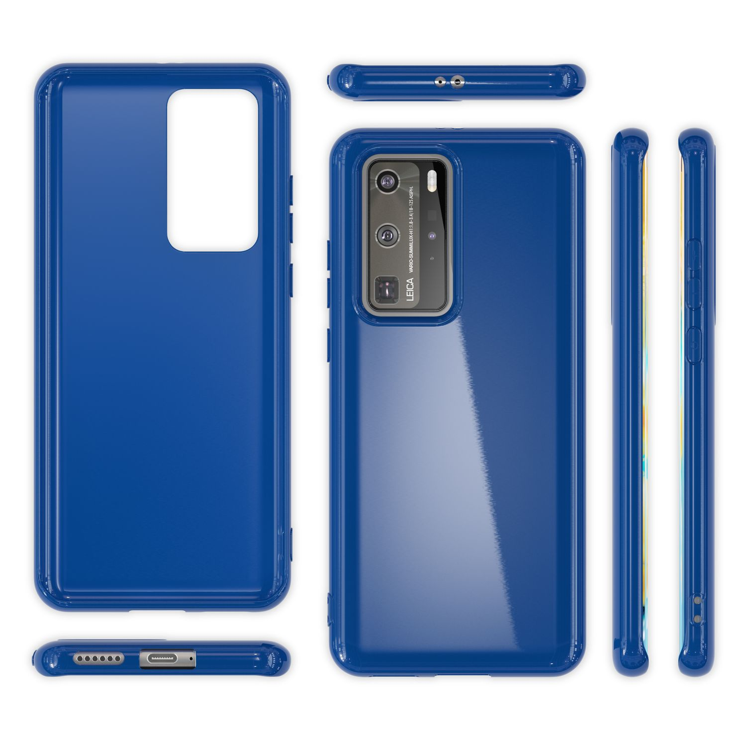 Blaue Handyhülle. Mehrere Ansichten sind vorhanden. Telefon ist sichtbar.