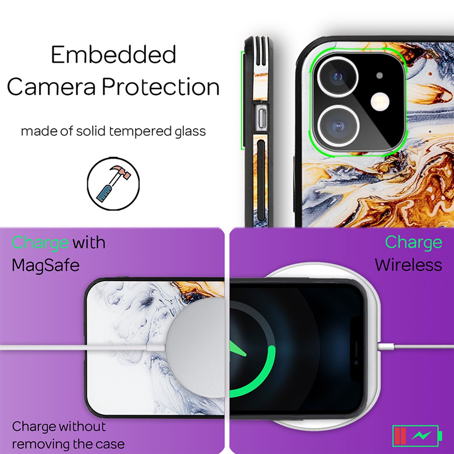 Bilder zeigen das Aufladen des Telefons mit und ohne Entfernen der Hülle. Ein Telefon, das auf einem MagSafe- und kabellosen Ladegerät geladen wird.