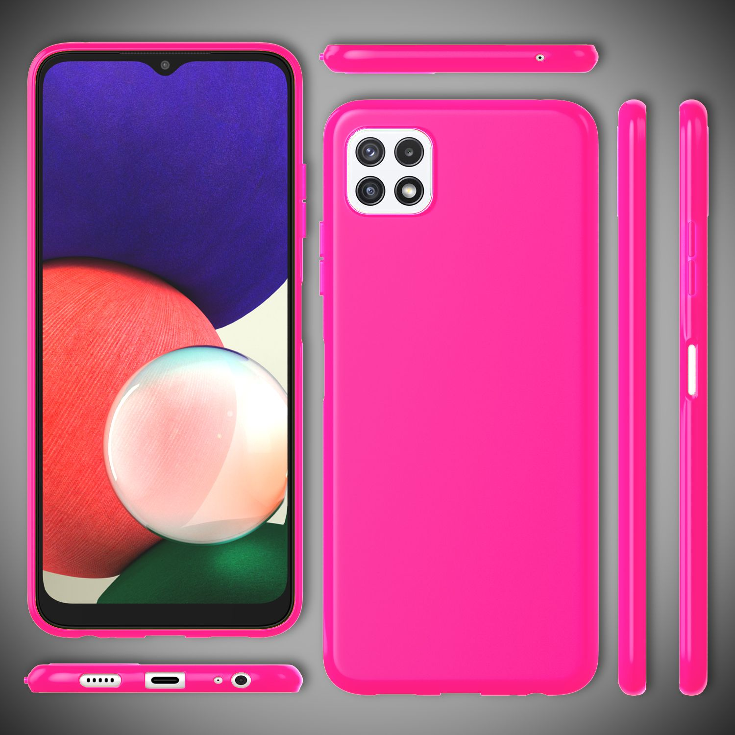 Rosa Handyhülle mit Telefon darin, mehrere Ansichten. Das Telefon hat einen Bildschirm. Die Hülle ist pink.