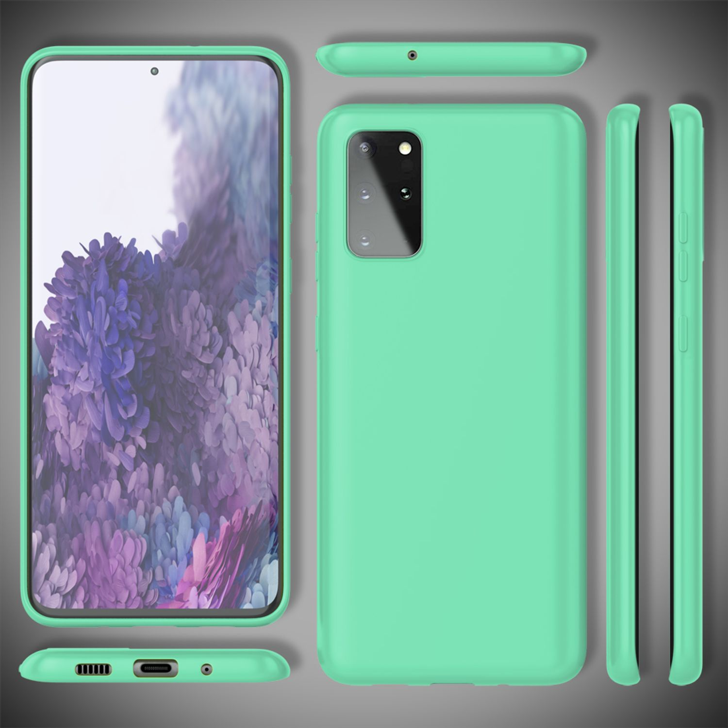 Mehrere Ansichten einer grünen Handyhülle mit einem Telefon darin. Das Telefon ist sichtbar. Die Hülle ist hellgrün.