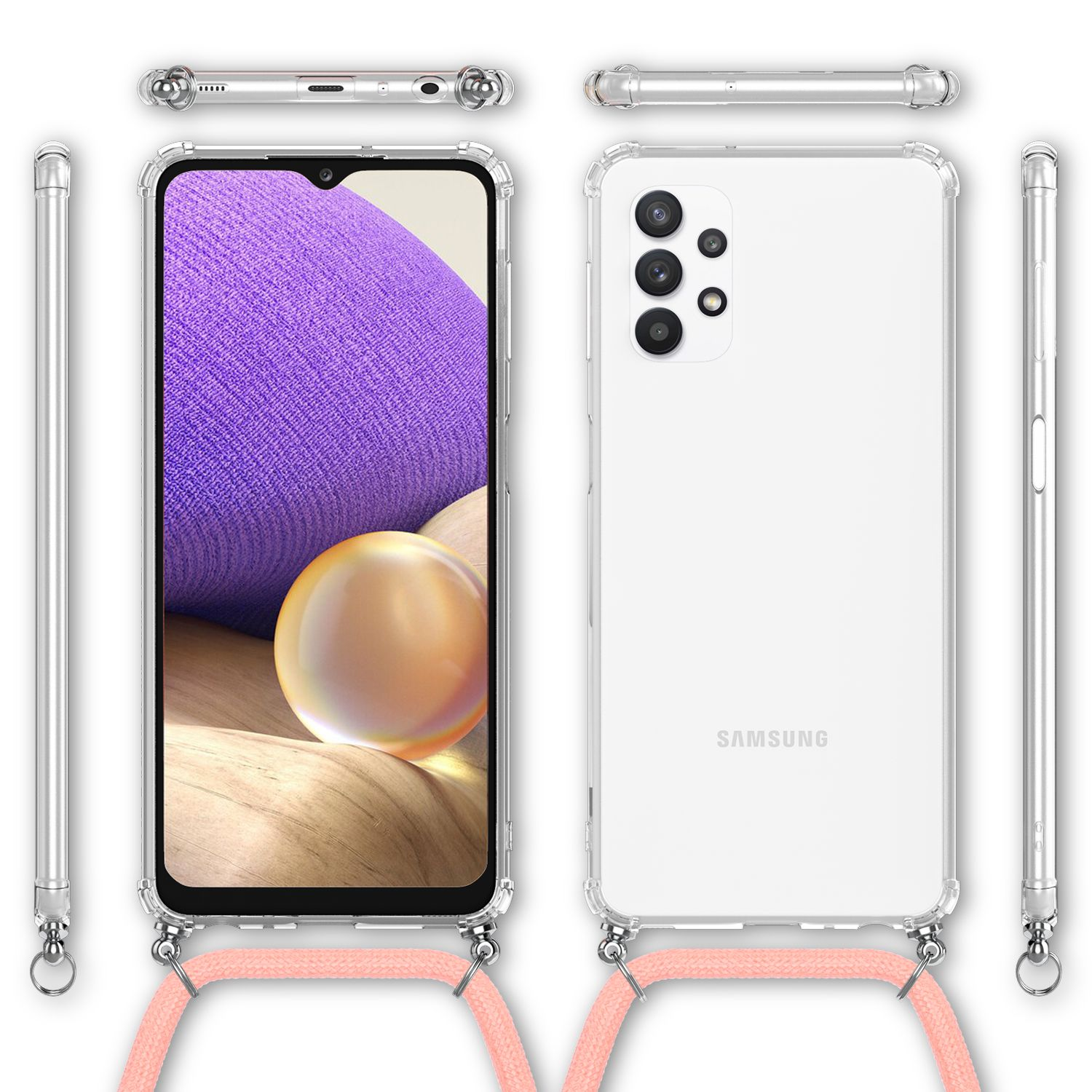Ein Telefon mit transparentem Gehäuse und einem rosa Schlüsselband. Der Bildschirm zeigt ein lila abstraktes Design. Mehrere Winkel.
