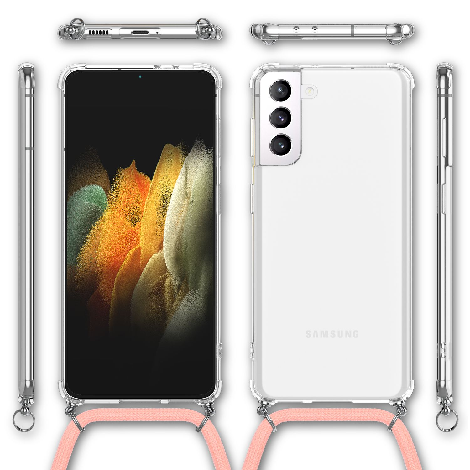 Ein Telefon mit transparentem Gehäuse und rosa Schlüsselband. Mehrere Winkel werden auf weißem Hintergrund gezeigt.