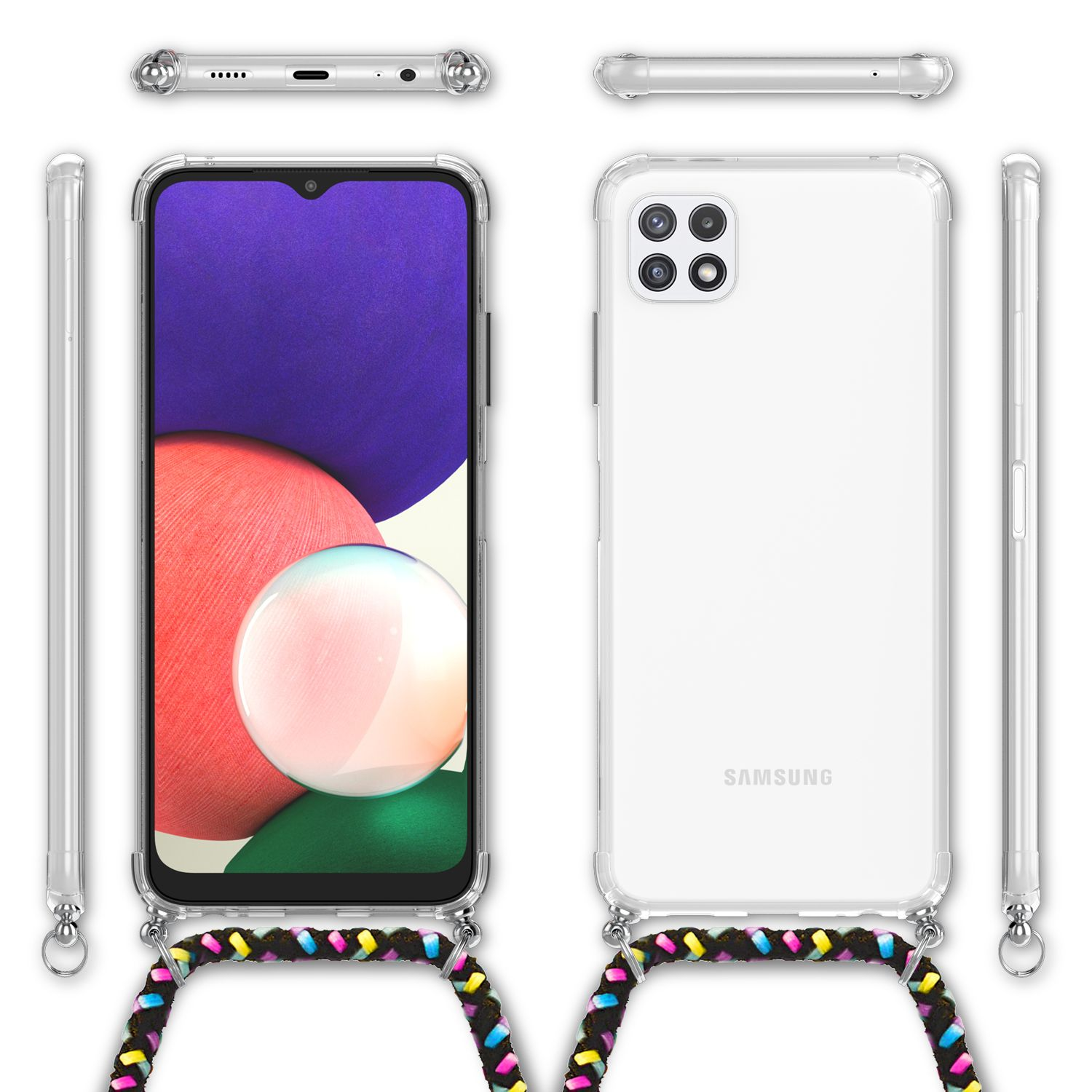 Un telefono con una custodia trasparente e una tracolla, la tracolla è colorata. La parte posteriore ha quattro fotocamere.