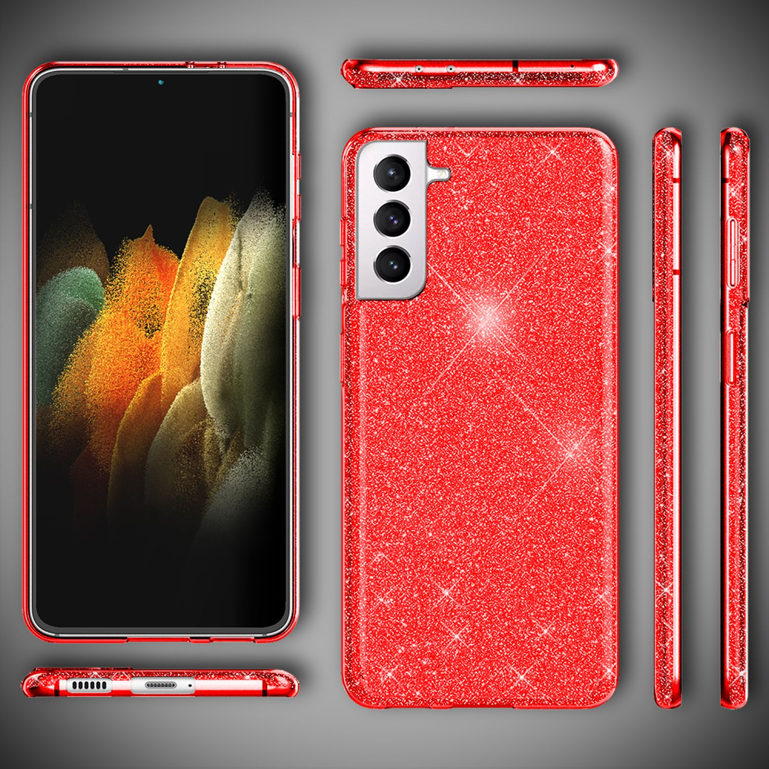 Rote Glitzer-Handyhülle mit einem Telefon darin. Das Telefon ist rot und hat drei Kameras auf der Rückseite.