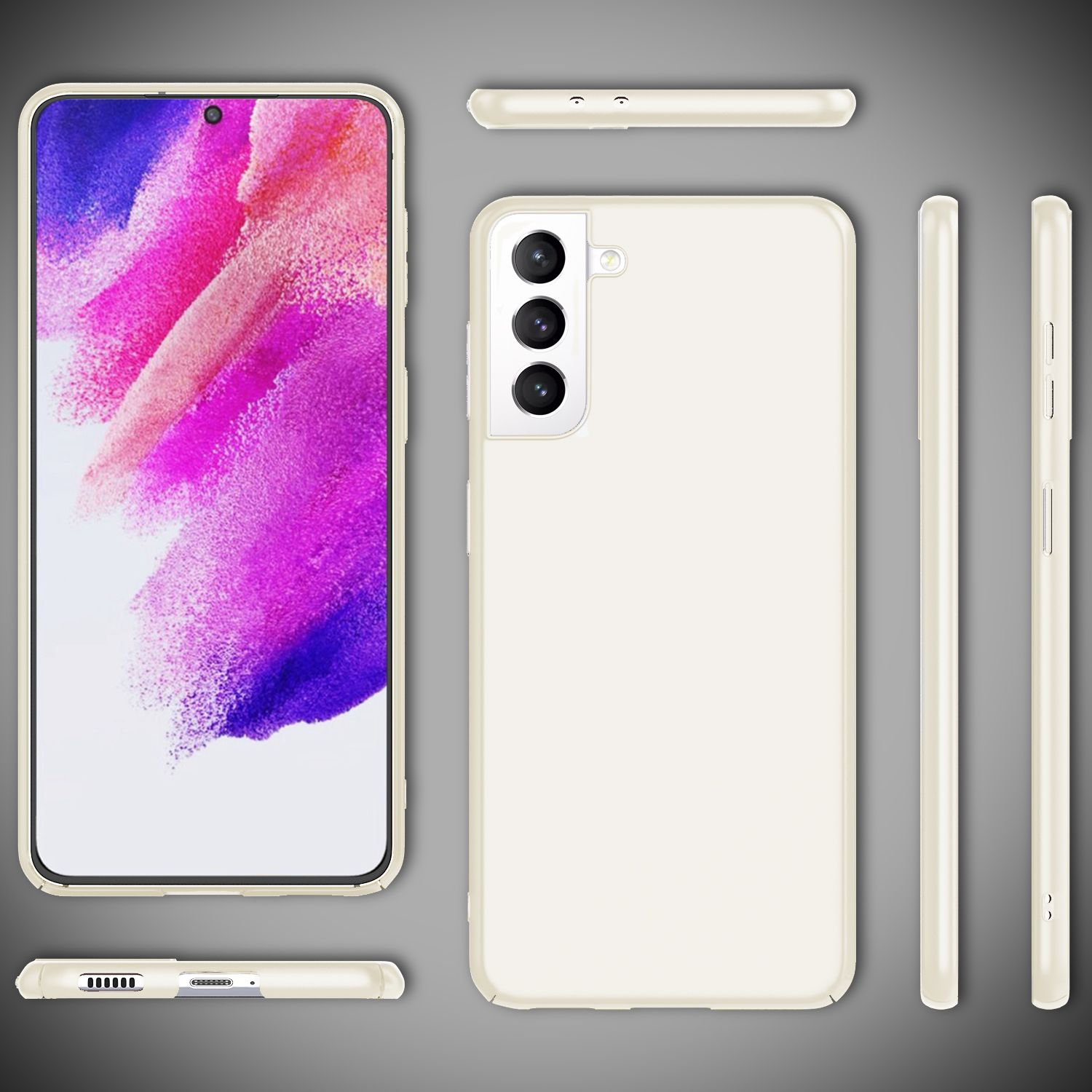 Ein Telefon mit cremefarbener Hülle, aus mehreren Blickwinkeln gezeigt.
