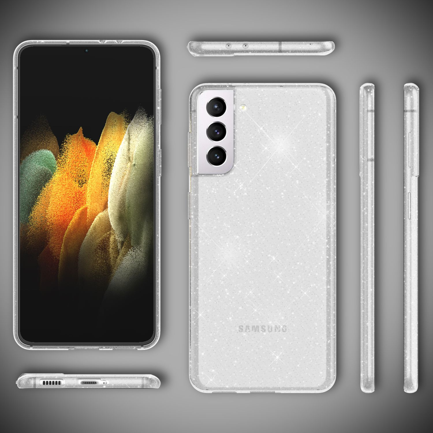 Ein Telefon mit einer durchsichtigen Glitzerhülle, aus mehreren Winkeln gezeigt.