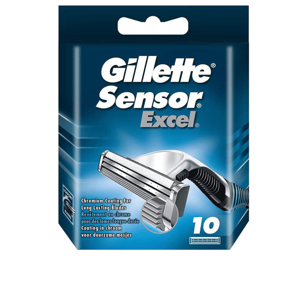 Ostrza do golenia Gillette Sensor Excel w niebieskim opakowaniu. Opakowanie zawiera tekst, a ostrza są widoczne.