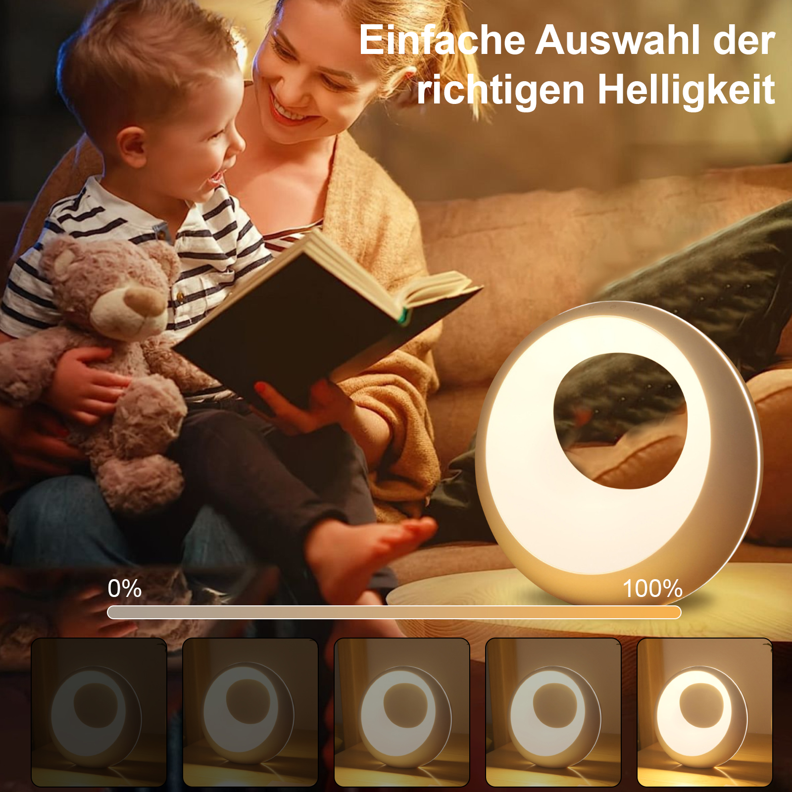 Eine Frau und ein Kind interagieren. Ein Ringlicht steht auf einem Tisch mit Helligkeitseinstellungen.