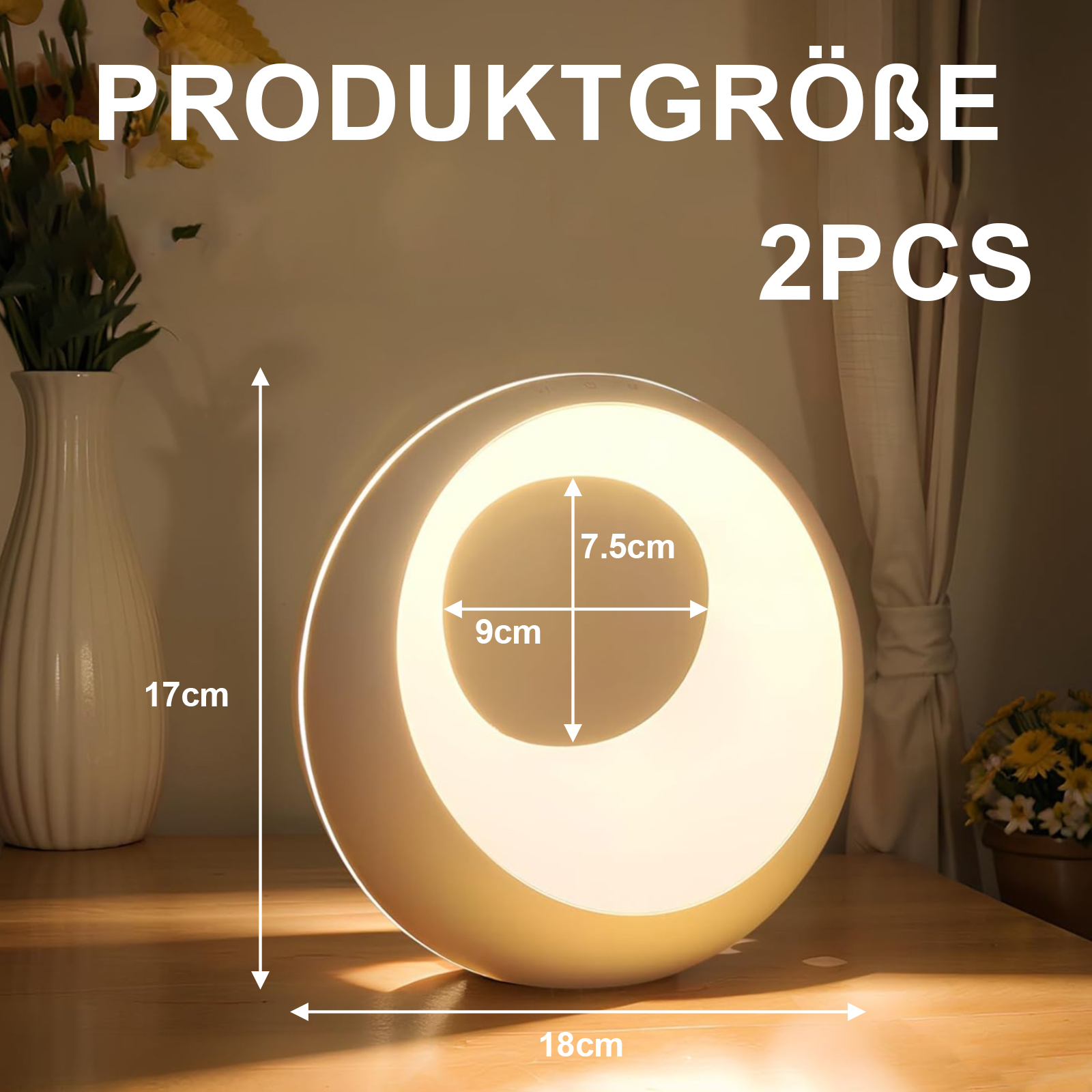 Ein Ringlicht mit Messungen. Eine weiße Vase und ein Vorhang sind im Hintergrund.