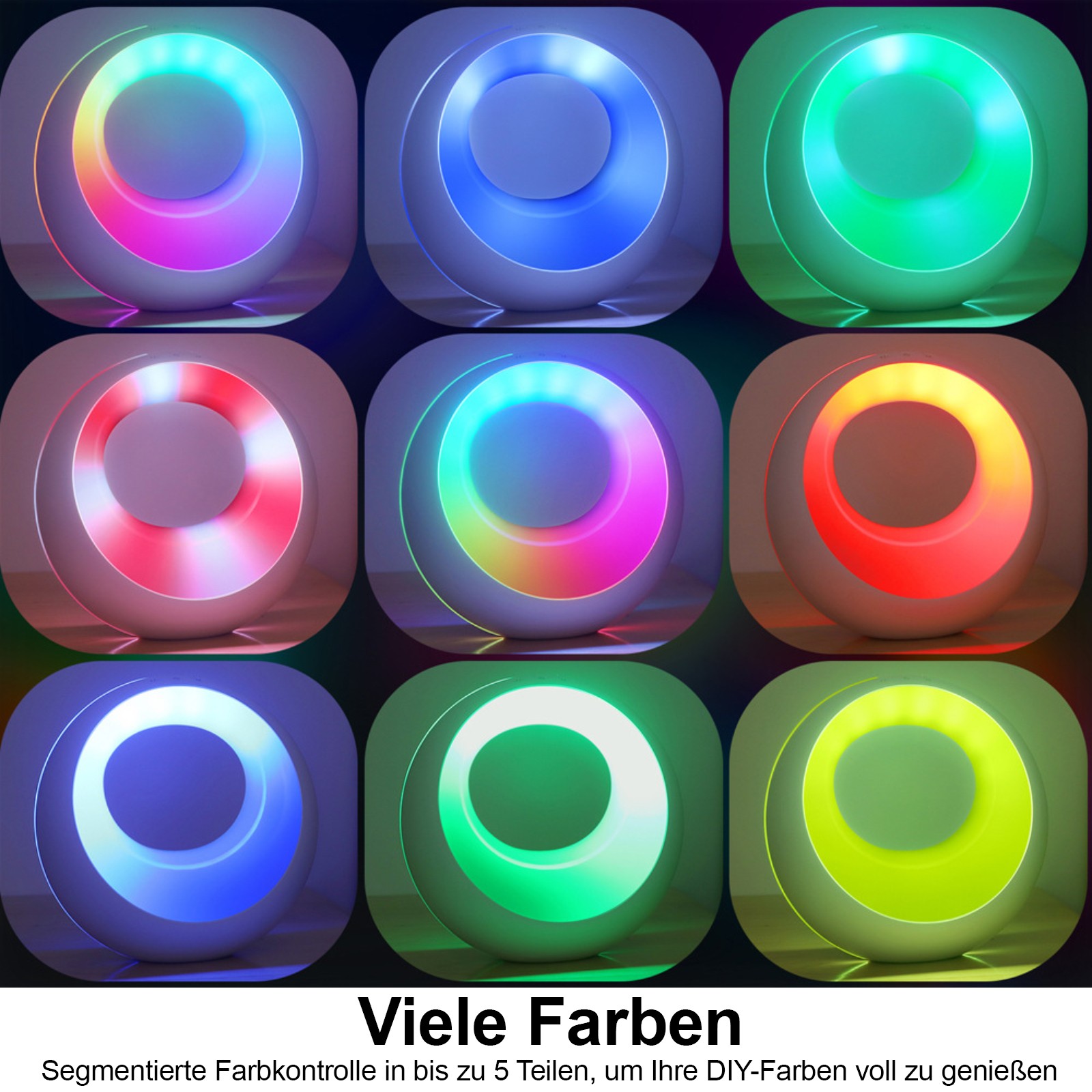 Neun farbige Lichter in einem Raster angeordnet. Jeder hat Farben.