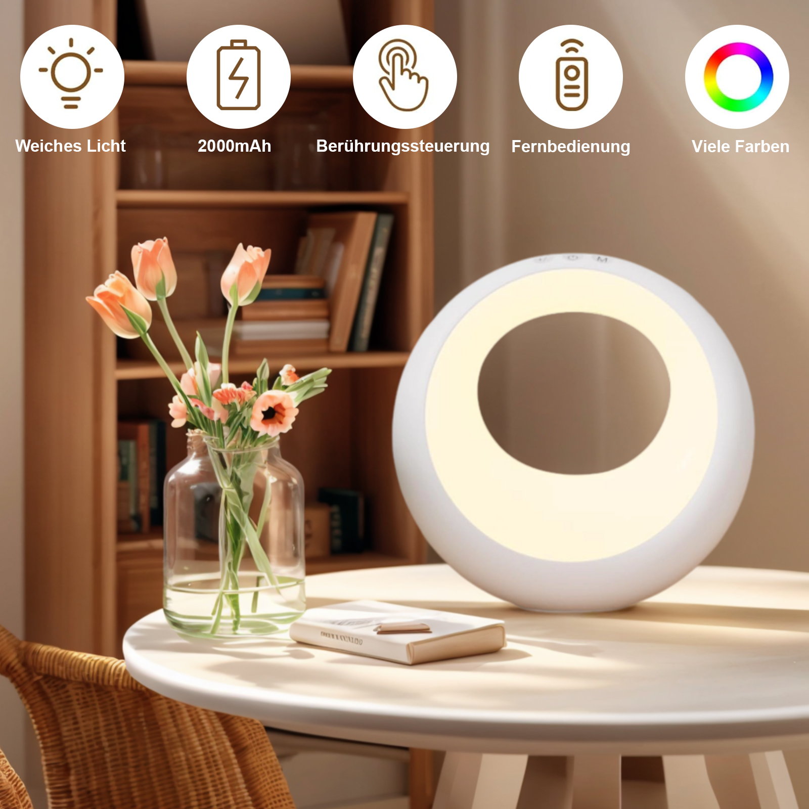 Ein Ringlicht und eine Blumenvase stehen auf einem Tisch. Text auf dem Bild.