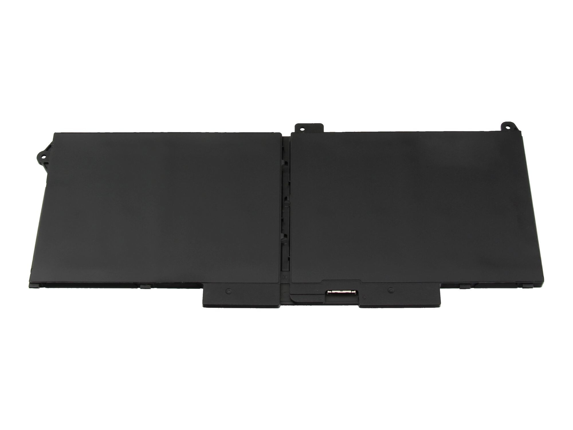 Schwarzer Laptop-Akku, geteilt, auf Weiß. Die Oberseite ist glatt. Unten befinden sich Anschlüsse.