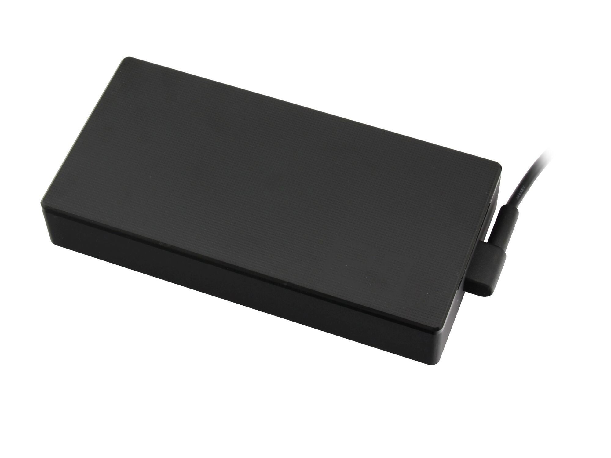 Schwarzer rechteckiger Netzadapter auf weißem Hintergrund, mit einem seitlich angebrachten Kabel.