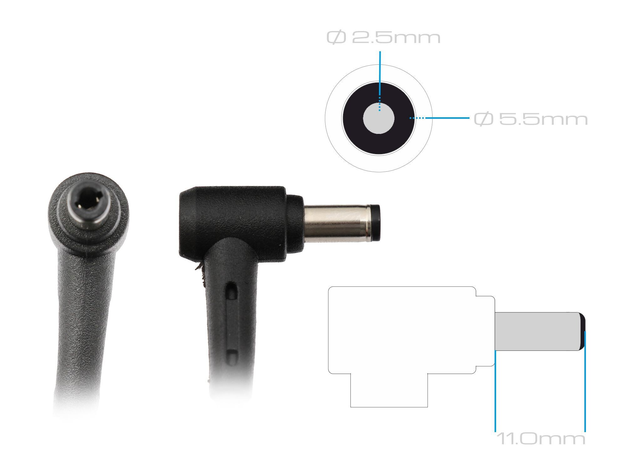 Diagramm von Netzadapter-Anschlüssen mit Abmessungen: 2,5 mm, 5,5 mm und 11,0 mm.