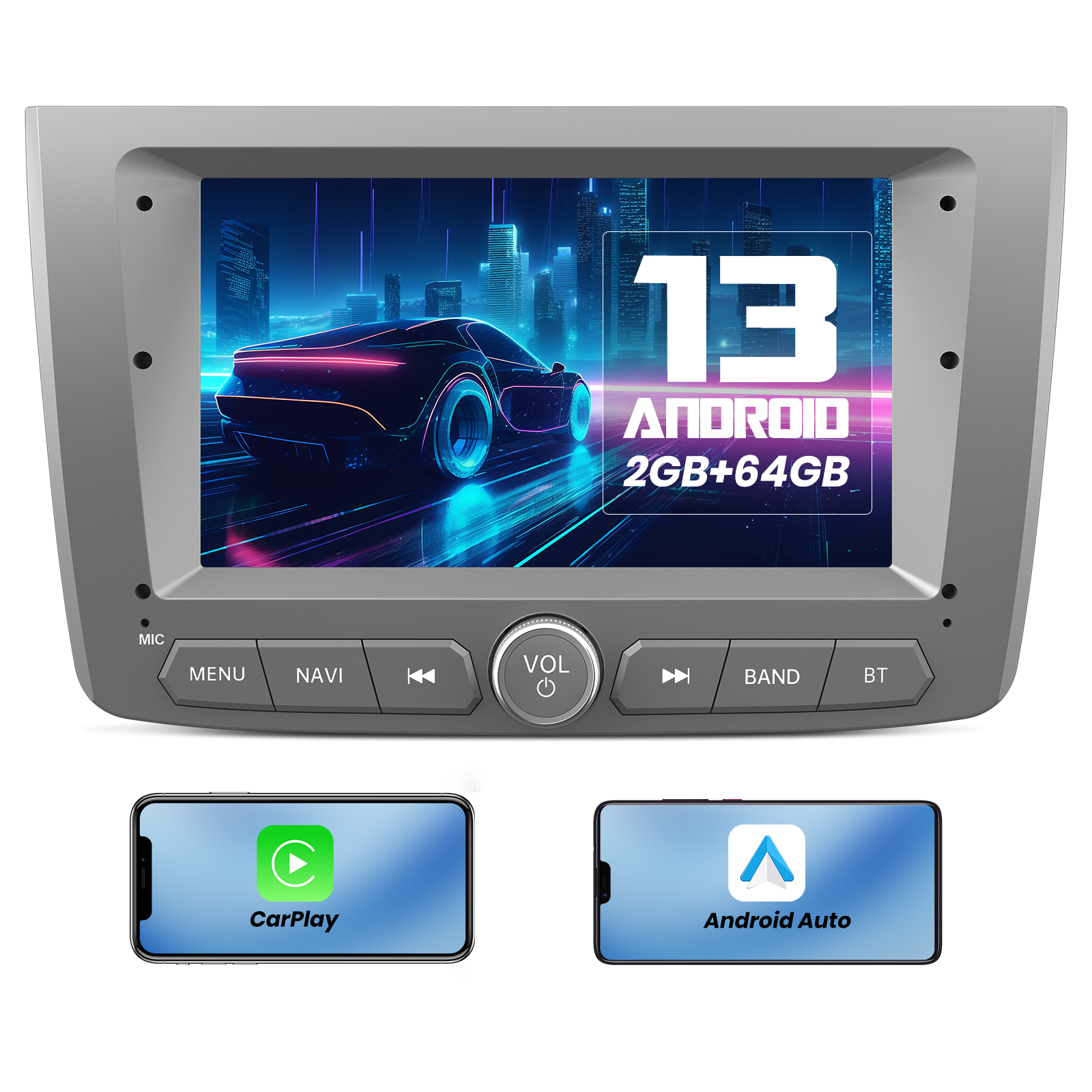 Lo schermo di un'autoradio mostra un'auto sportiva su uno sfondo cittadino. Sotto, due telefoni mostrano le icone CarPlay e Android Auto.