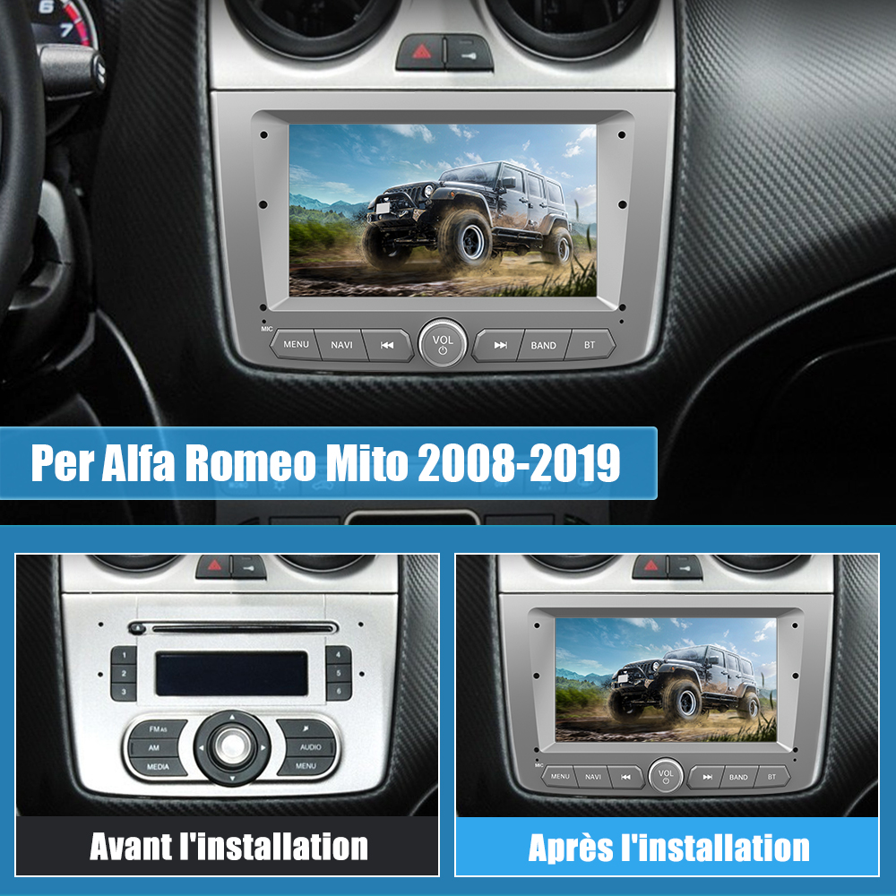 Uno schermo di un'autoradio mostra un veicolo fuoristrada su un sentiero. Sotto, immagini prima/dopo dell'installazione dello stereo.
