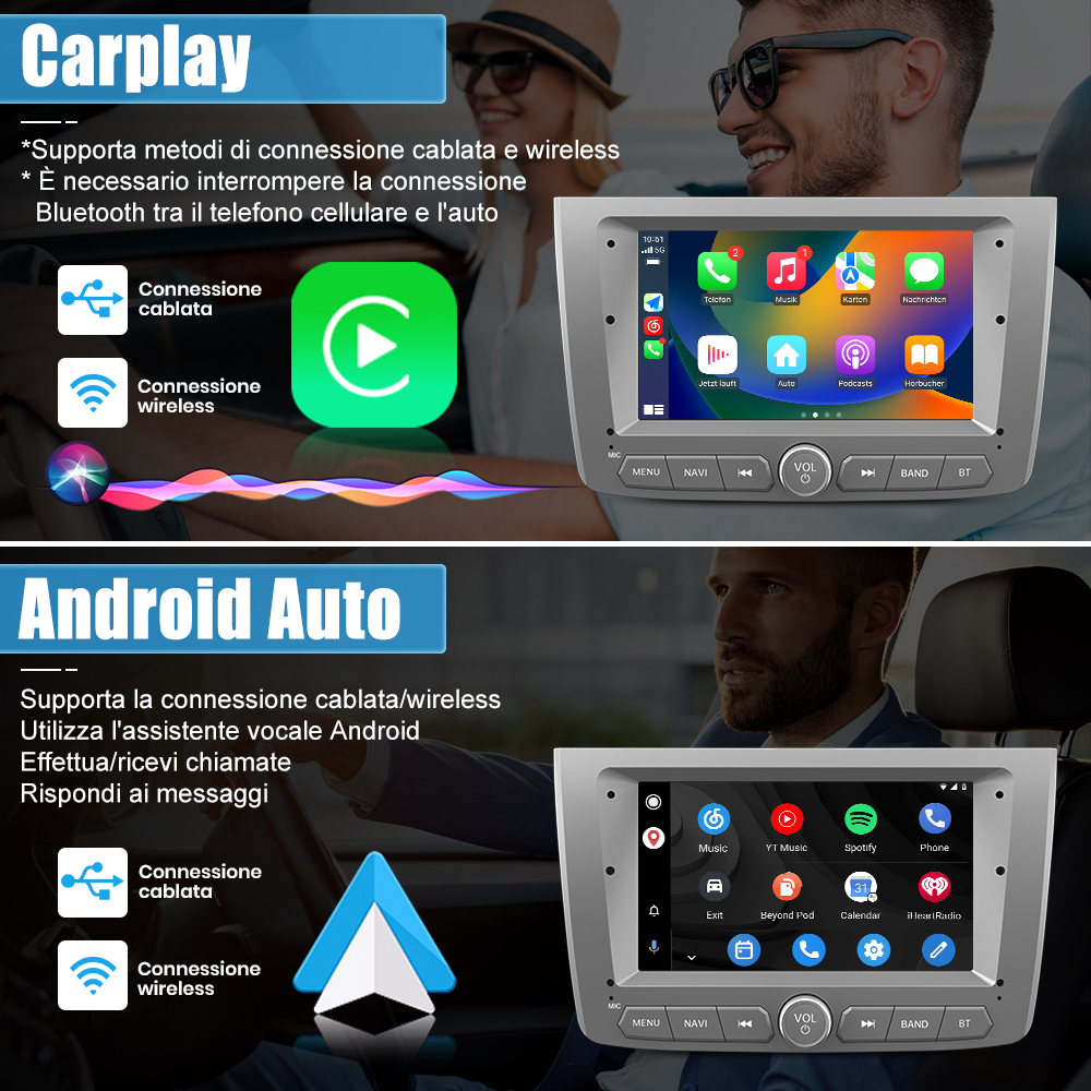 Uno schermo di autoradio con informazioni CarPlay e Android Auto. Sotto, due telefoni mostrano interfacce CarPlay e Android Auto.