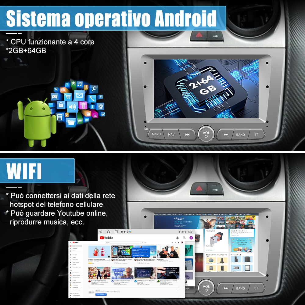 Sistema multimediale per auto con Android, schermo informativo e figura verde di Android.