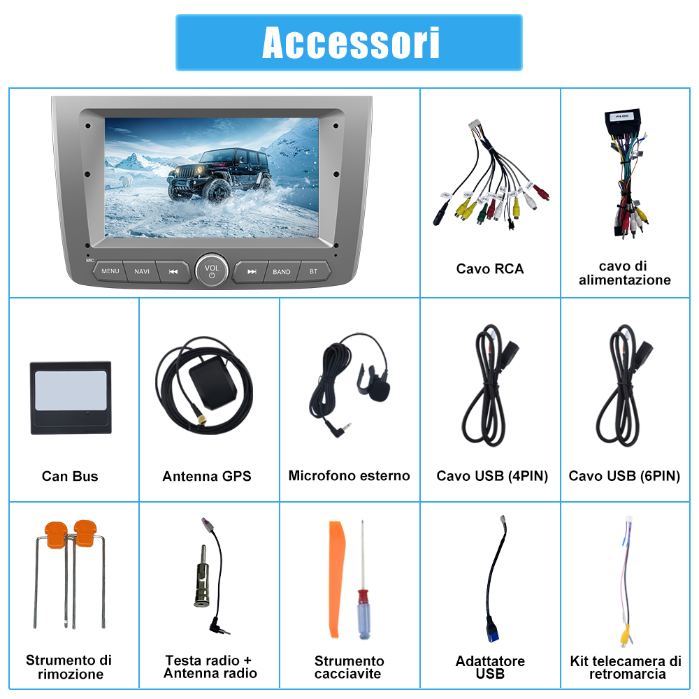Sono esposti vari accessori per autoradio. Cavi, strumenti e altri componenti sono disposti su una superficie bianca.