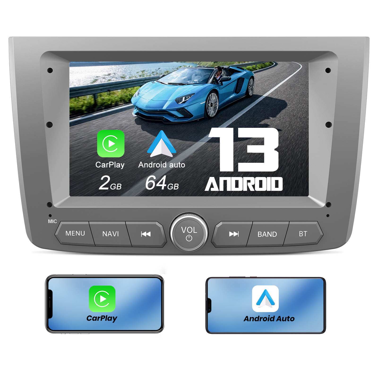 Uno schermo di autoradio mostra un'auto sportiva. Sotto, due telefoni mostrano interfacce CarPlay e Android Auto.
