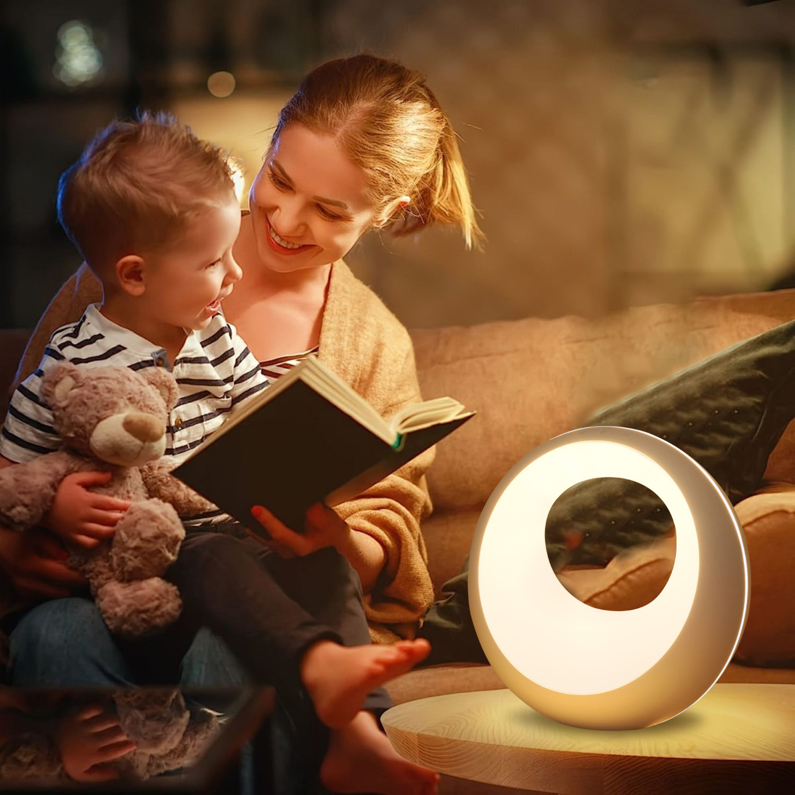 Eine Frau und ein Junge lesen zusammen ein Buch, in der Nähe einer modernen, weiß beleuchteten Lampe auf einem Holztisch.