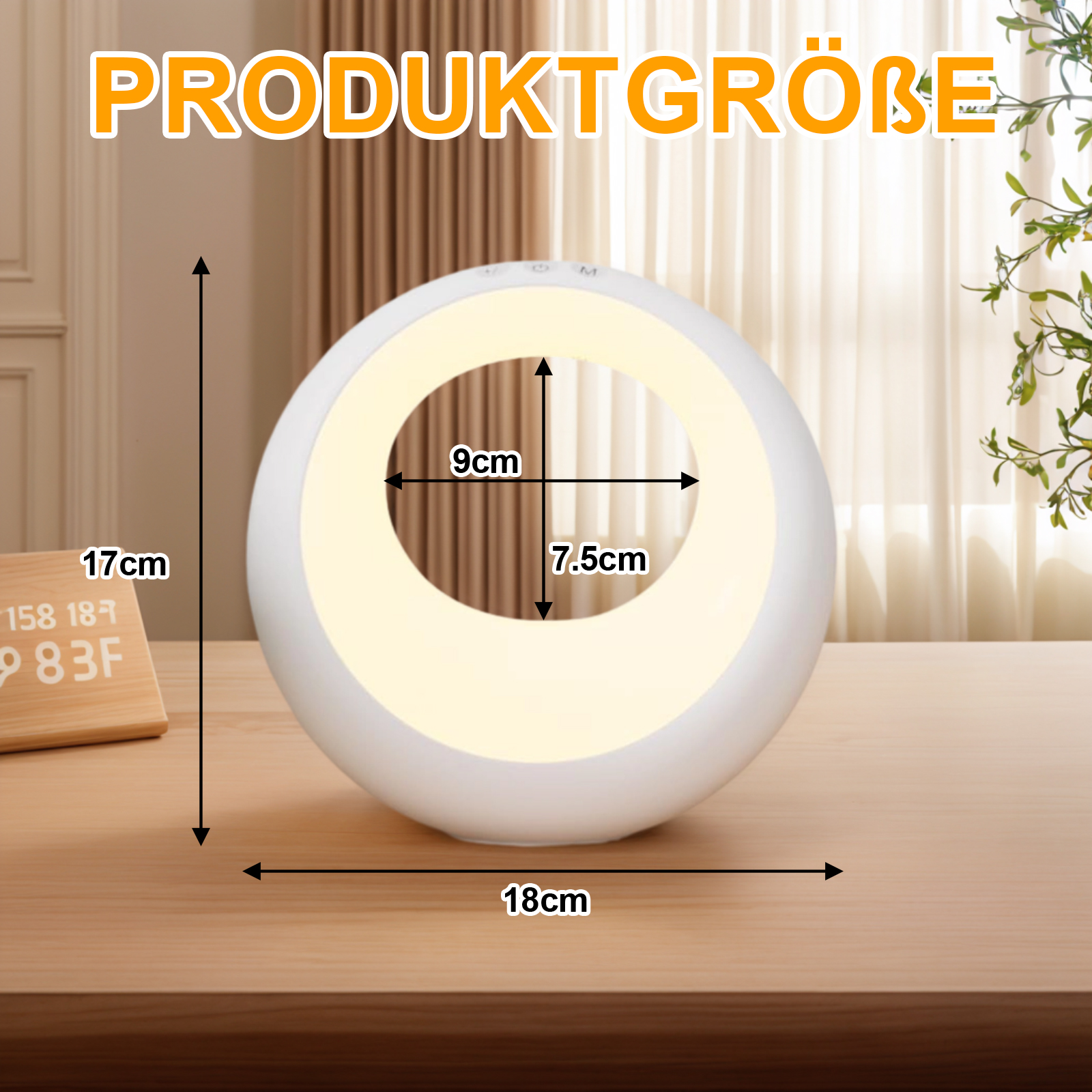 Eine weiße Ringlampe mit angezeigten Abmessungen, platziert auf einem Holztisch.