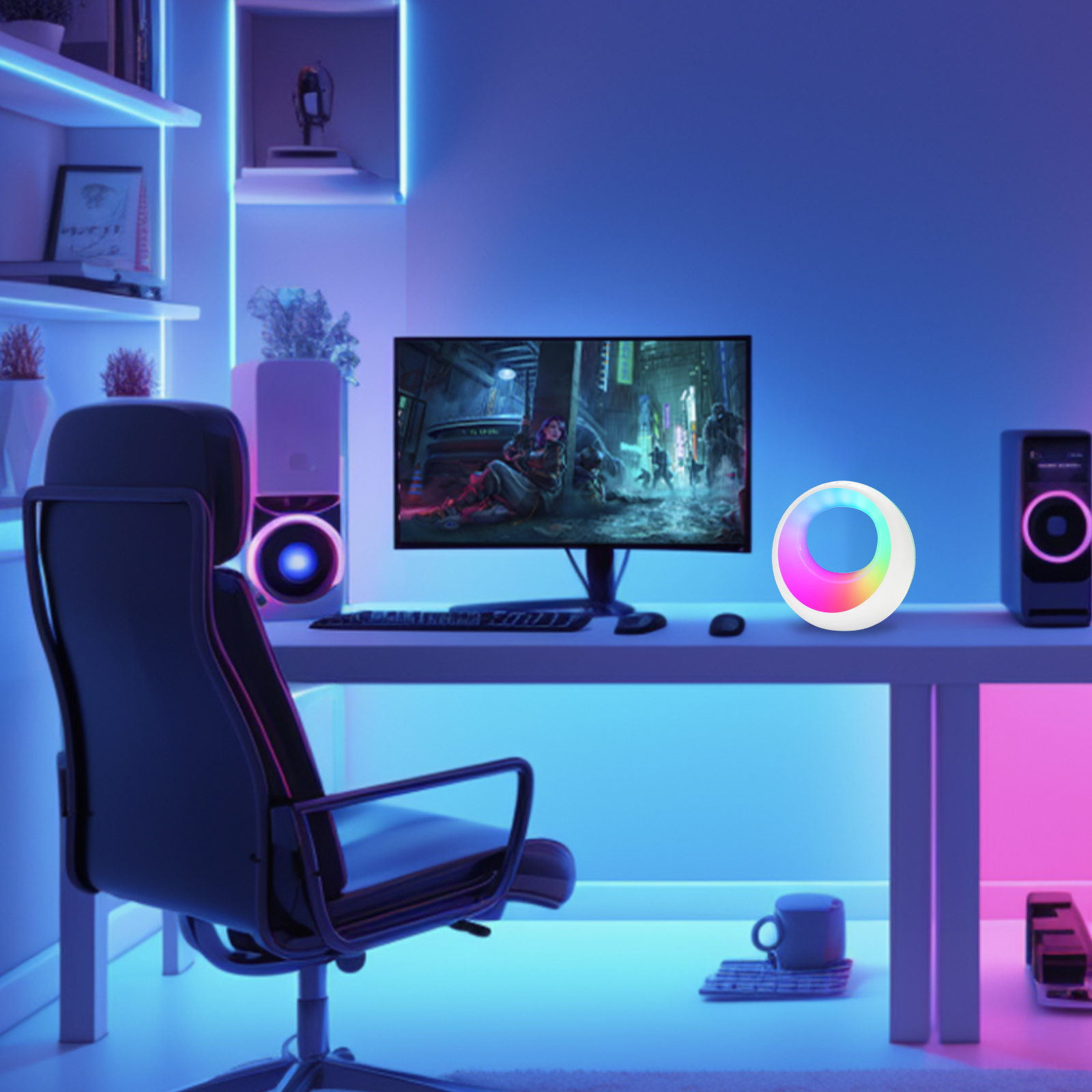 Gaming-Setup mit Monitor, der ein Spiel zeigt, Lautsprechern, einem Schreibtisch und einer leuchtenden Lampe.